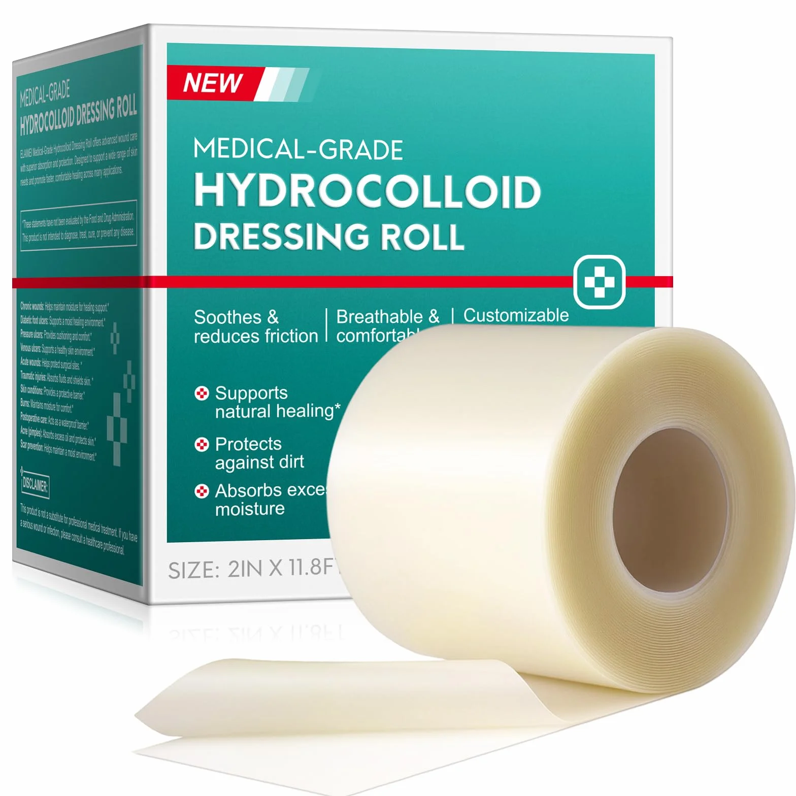 Rollo de Hidrocoloide para el Cuidado de Heridas, 5 cm x 3,6 m, Cinta Impermeable Recortable