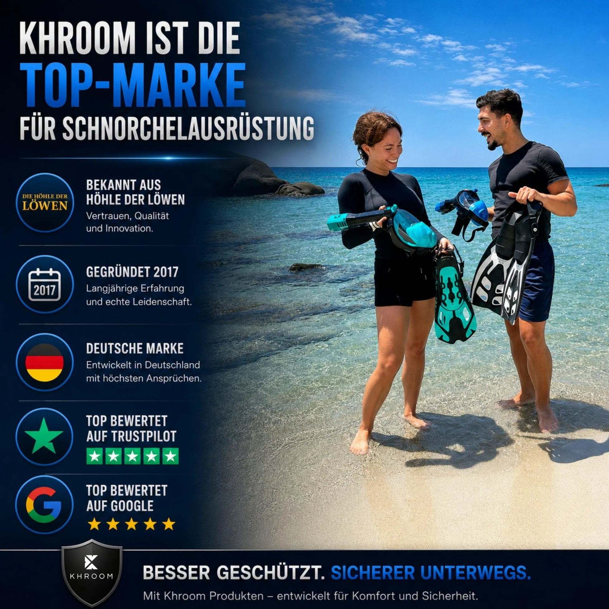 Khroom Aletas Cortas Adultos / niños Talla 32-47 | Aletas de Snorkel Ajustables | Aletas de Natación Cortas para Snorkel / Buceo Azul (37-41)
