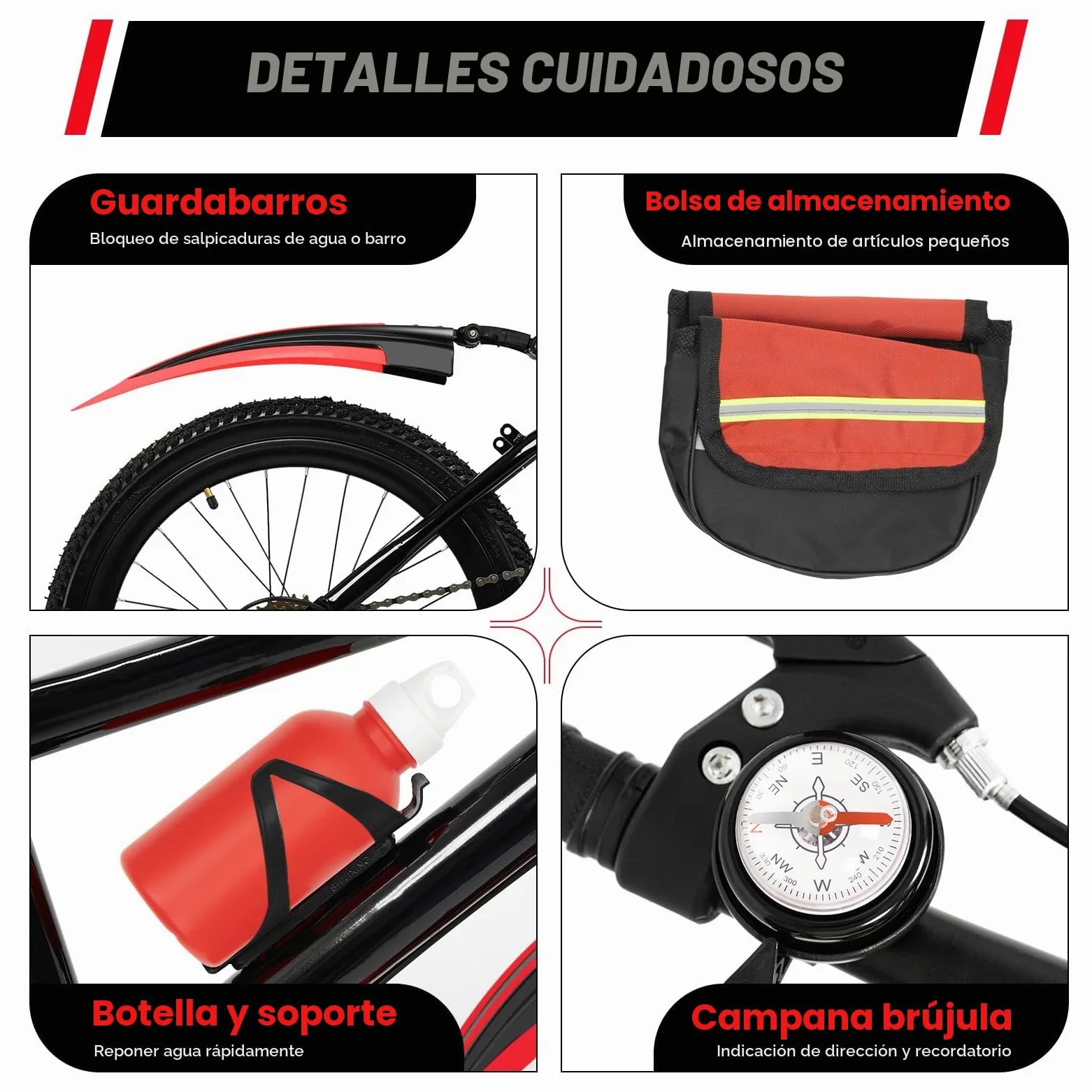 Bicicleta de montaña para adultos de 20 pulgadas, freno delantero y trasero, acero al carbono, altura regulable con transmisión roja