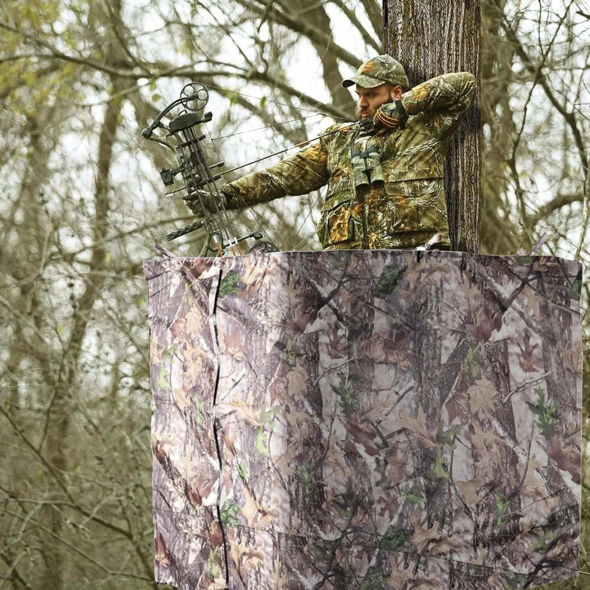 Persianas elevadas de 102 x 37 pulgadas, con soporte para árbol de caza, diseño de camuflaje, con cremallera, para ciervos de caza, pavo (marcos no incluidos)