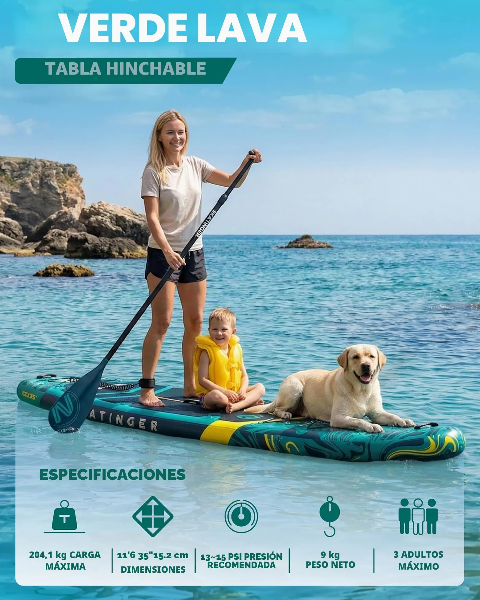 Skatinger Tabla de Remo Inflable extraancha de 335 x 86 cm, soporta hasta 190 kg, para Adultos, Sup Estable para 2 Personas/Familia, Remo de 3 Piezas, Correa para el Hombro, quilla Estadounidense