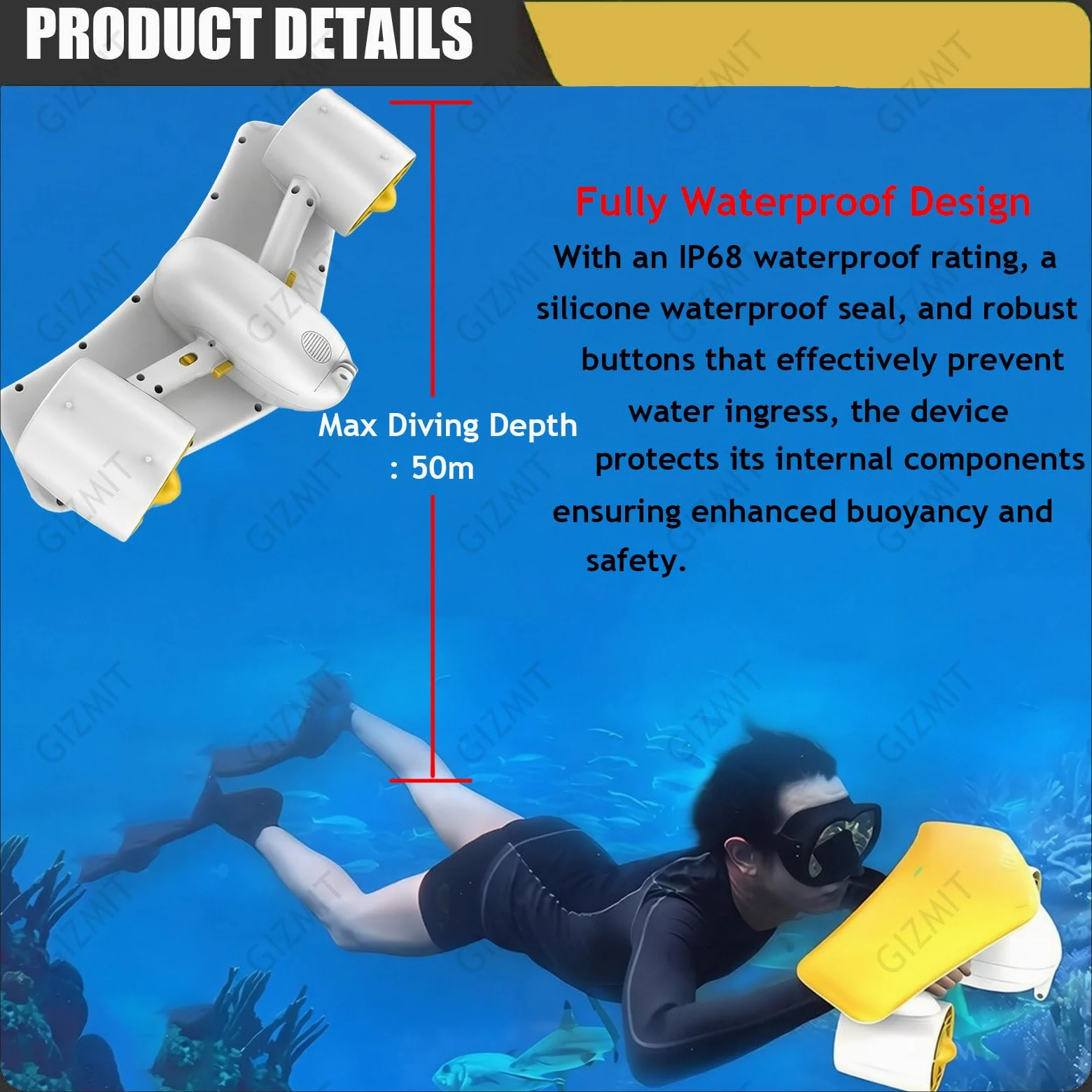 Scooter acuático, Scooter Submarino para Adultos,Scooter acuático con Doble Motor,Soporte para cámara de acción,Doble Motor,Profundidad de inmersión de 50m,para Aventuras Marinas Yellow