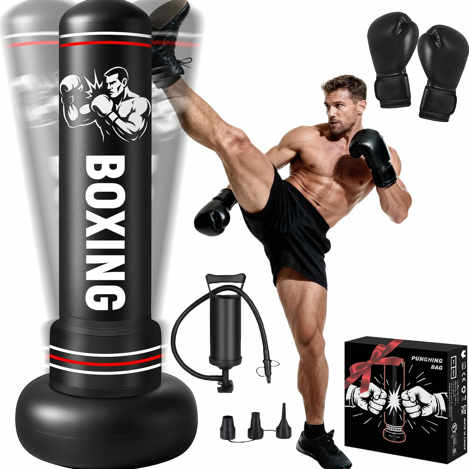 Saco de Boxeo Adultos, 190cm Sacos de Boxeo de Pie on Guantes y Bomba de Aire, Punching Ball Inflable Entrenamiento para Karate, Kickboxing, PVC Fitness Boxeo Regalo Ideal