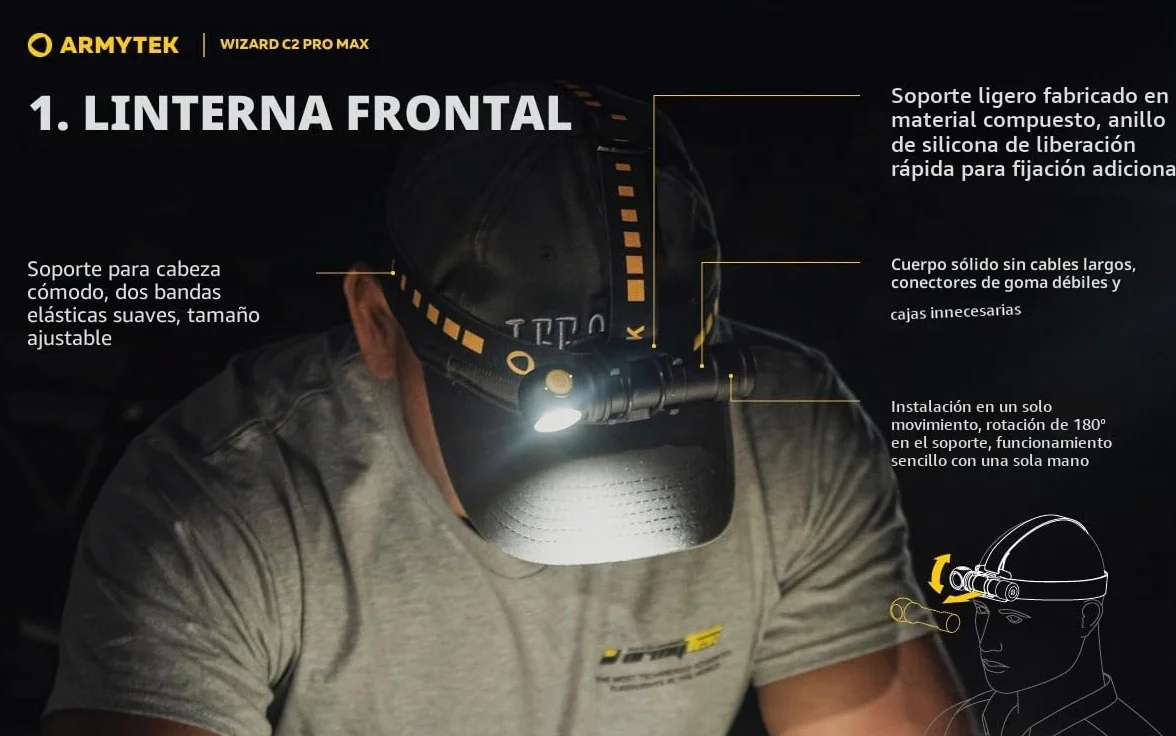 Armytek Wizard C2 Pro Max Linterna frontal LED 3720 lúmenes luz cálida recargable USB