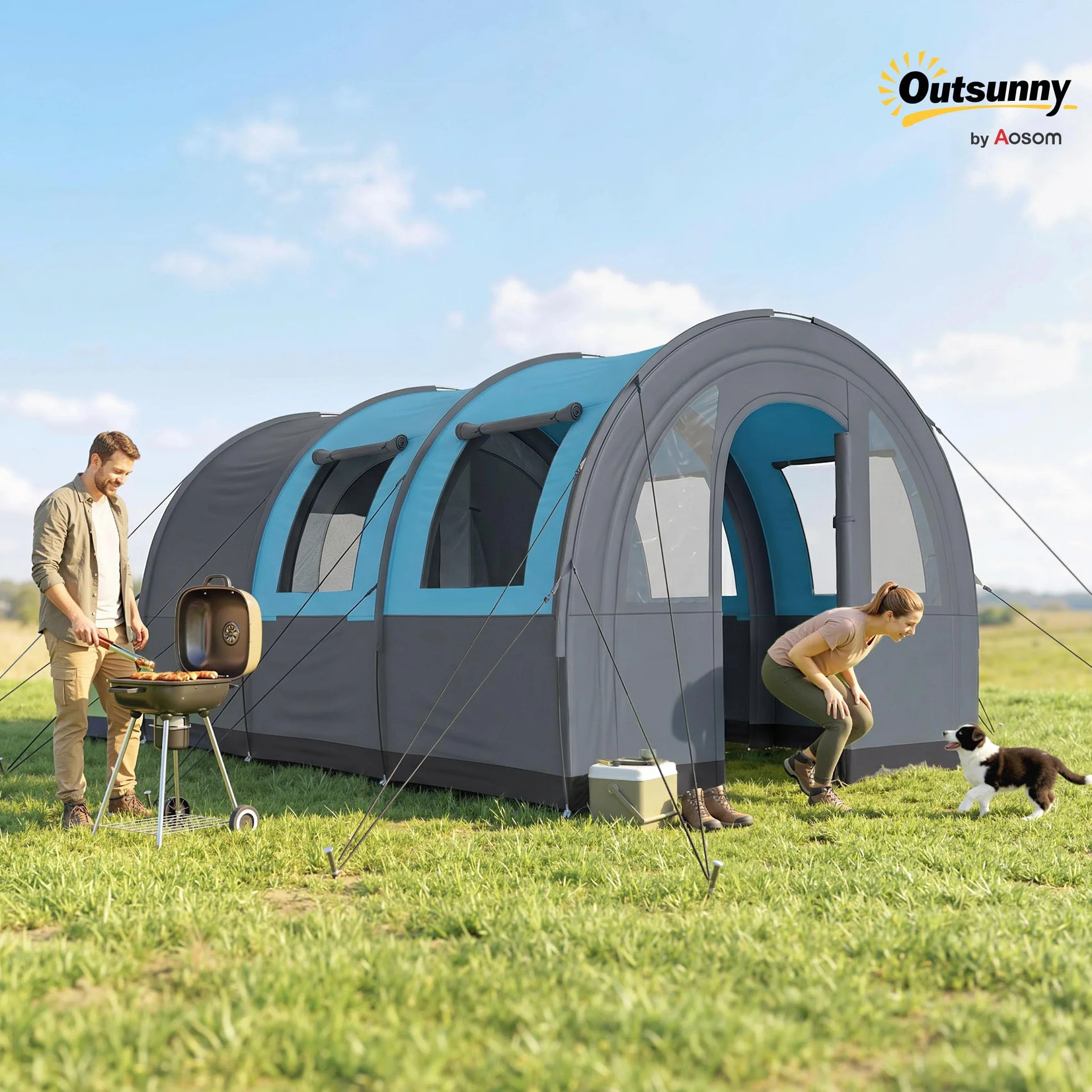 Outsunny Tienda de Campaña Familiar para 3 Personas Tienda de Camping Plegable Impermeable 3000 mm con 2 Habitaciones Puertas y Bolsa de Transporte para Senderismo 480x260x200 cm Gris