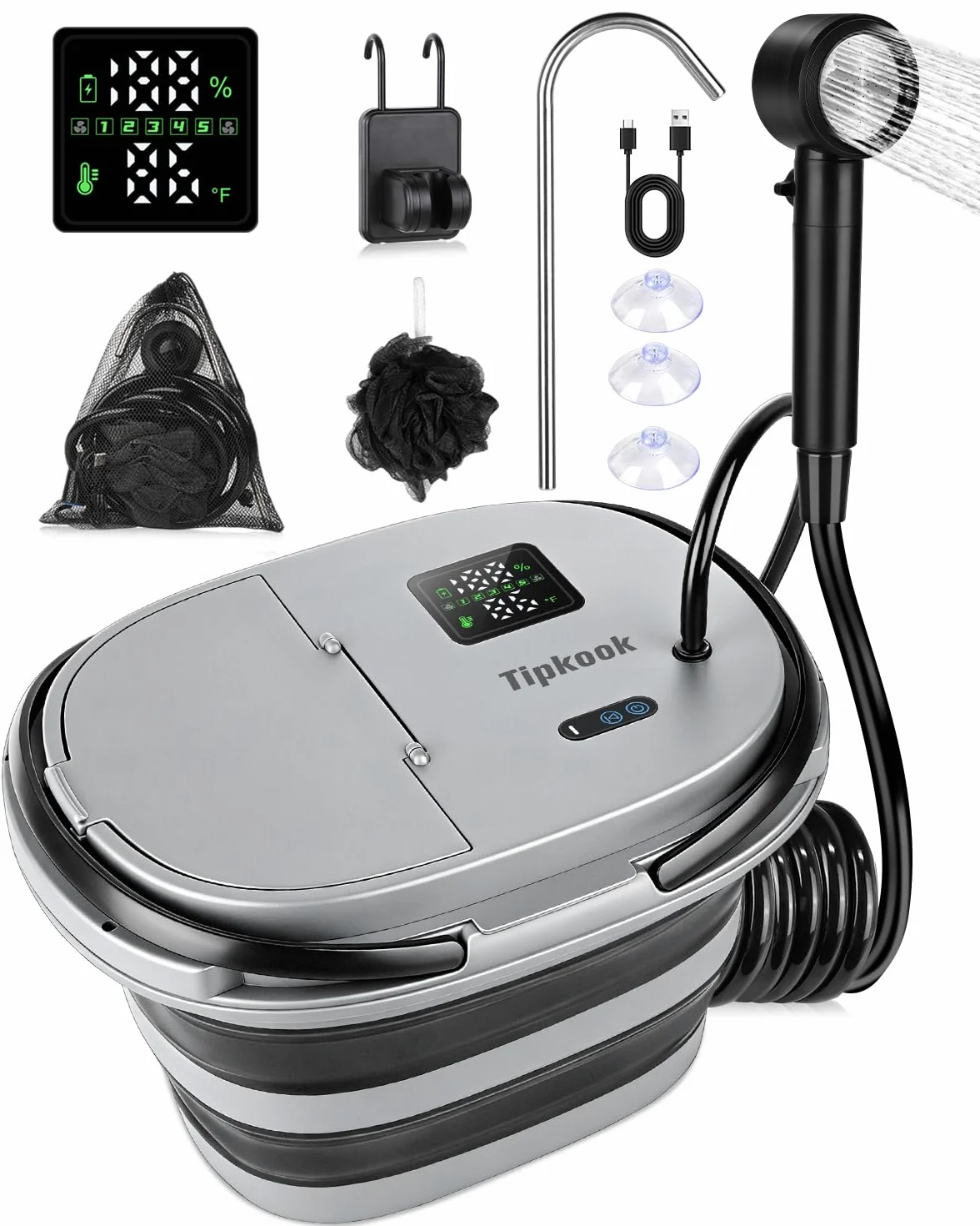 Ducha Portatil Camping, [Pantalla Inteligente] [Nueva Versión] 13000mAh Recargable Ducha Camper con 20L Cubo Plegable Multiusos, Ducha Electrica para Acampar, Ducha de Playa & Perros