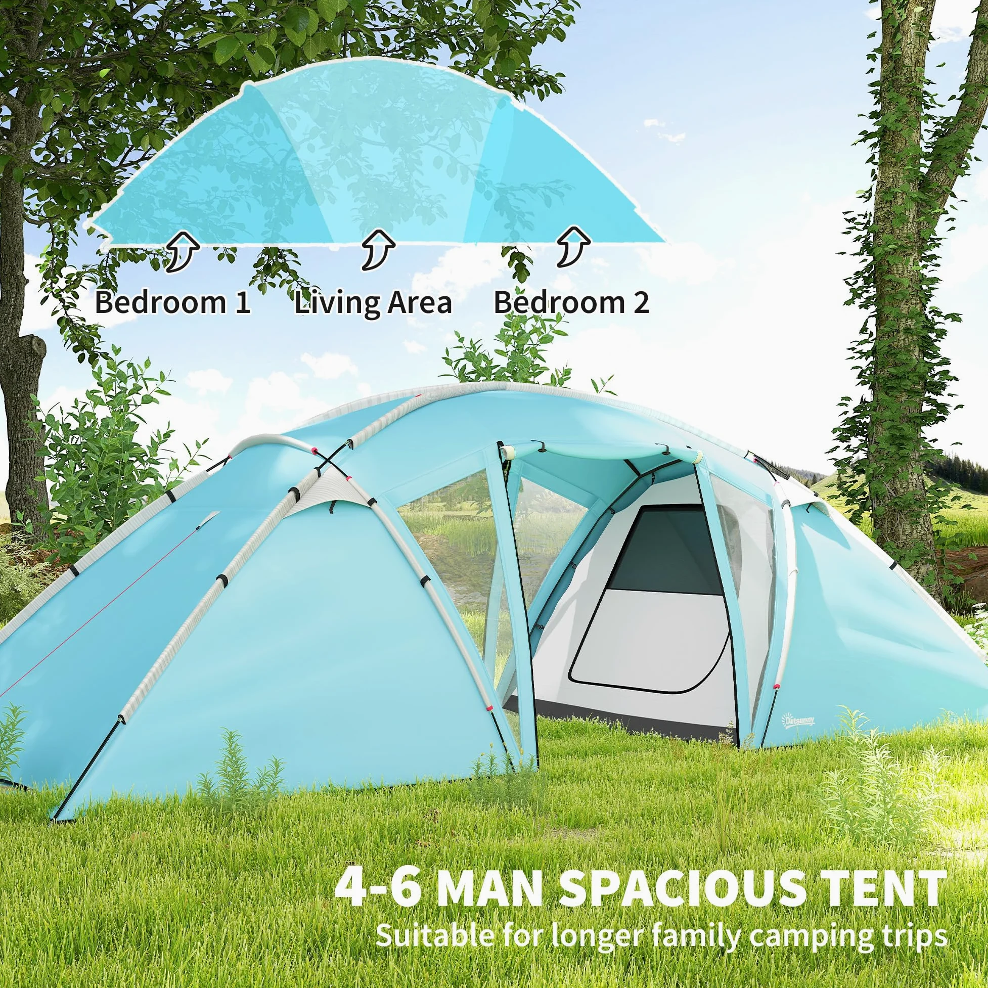 Outsunny Tienda de campaña Familiar para 4 a 6 Personas con 2 dormitorios y una Sala de Estar, Tienda de campaña Impermeable con Lona de Suelo Cosida, Puertas, Ventanas, Bolsa de Transporte