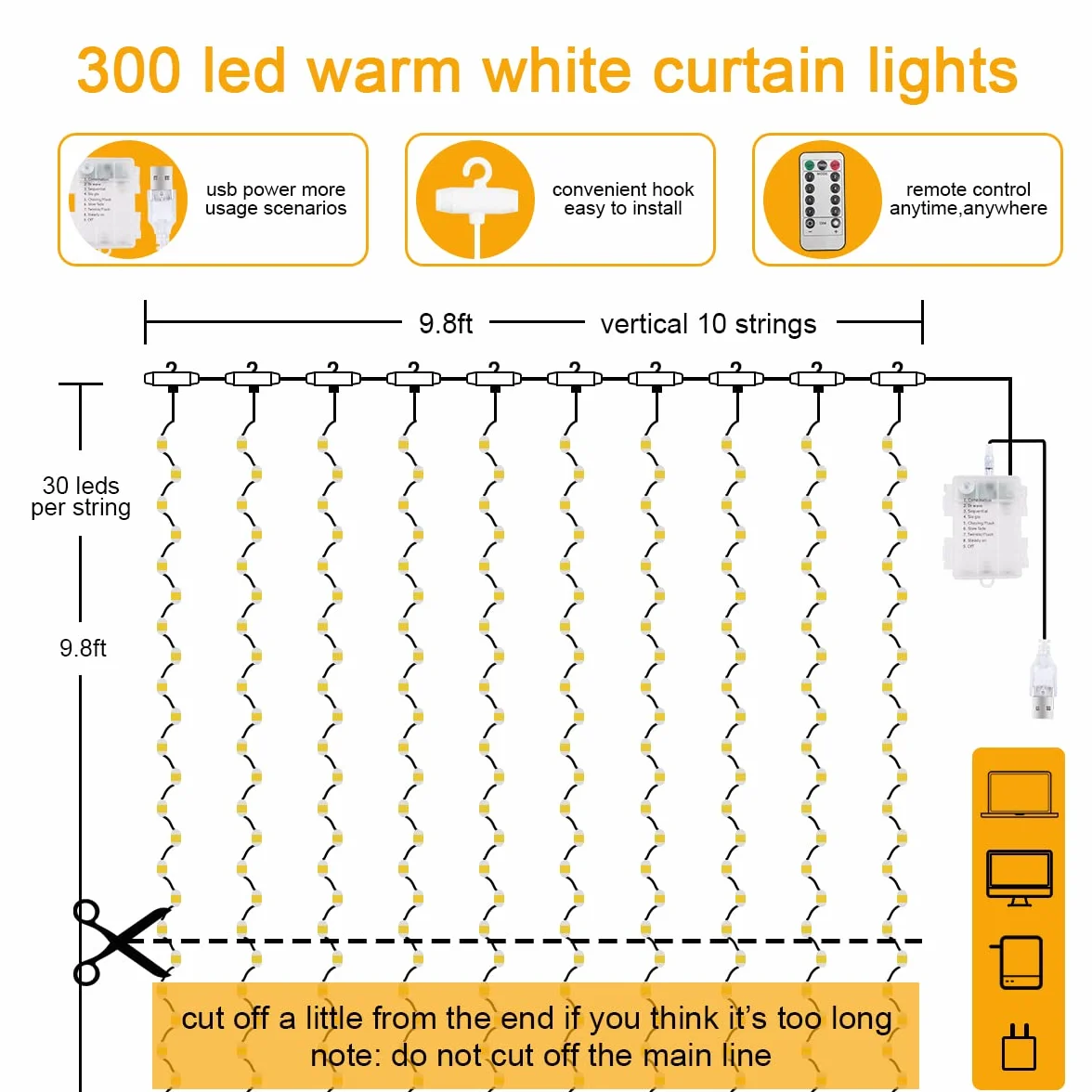 Aomig Cortina de Luces LED USB 3m x 3m 300 LED 8 Modos Control Remoto Impermeable para Ventana Navidad