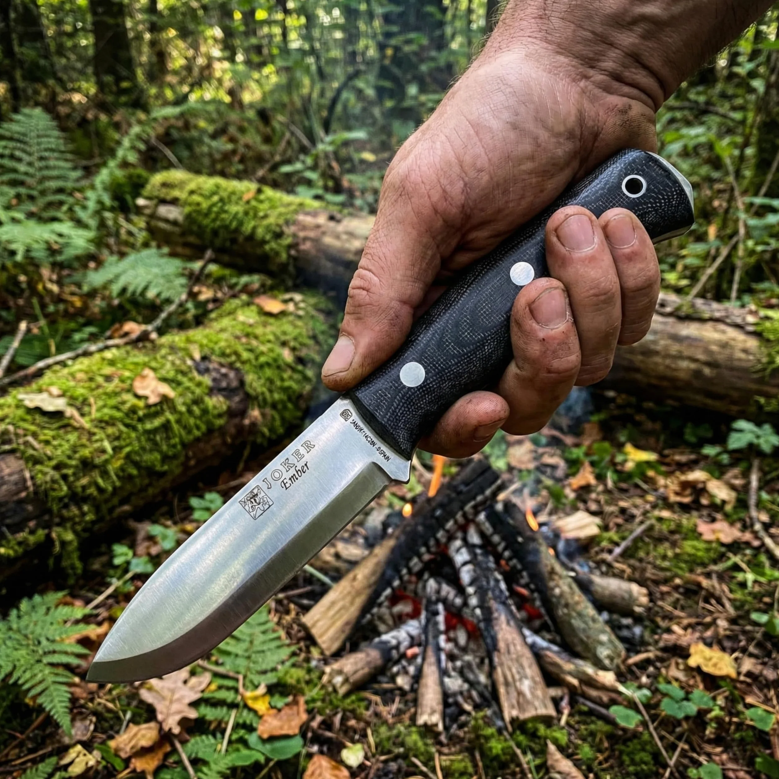Joker Cuchillo de Supervivencia Ember Scandi CM122, hoja de 10,5 cms, mango Micarta Canvas, funda piel, incluye paracord, Herramienta de pesca, caza, camping y senderismo