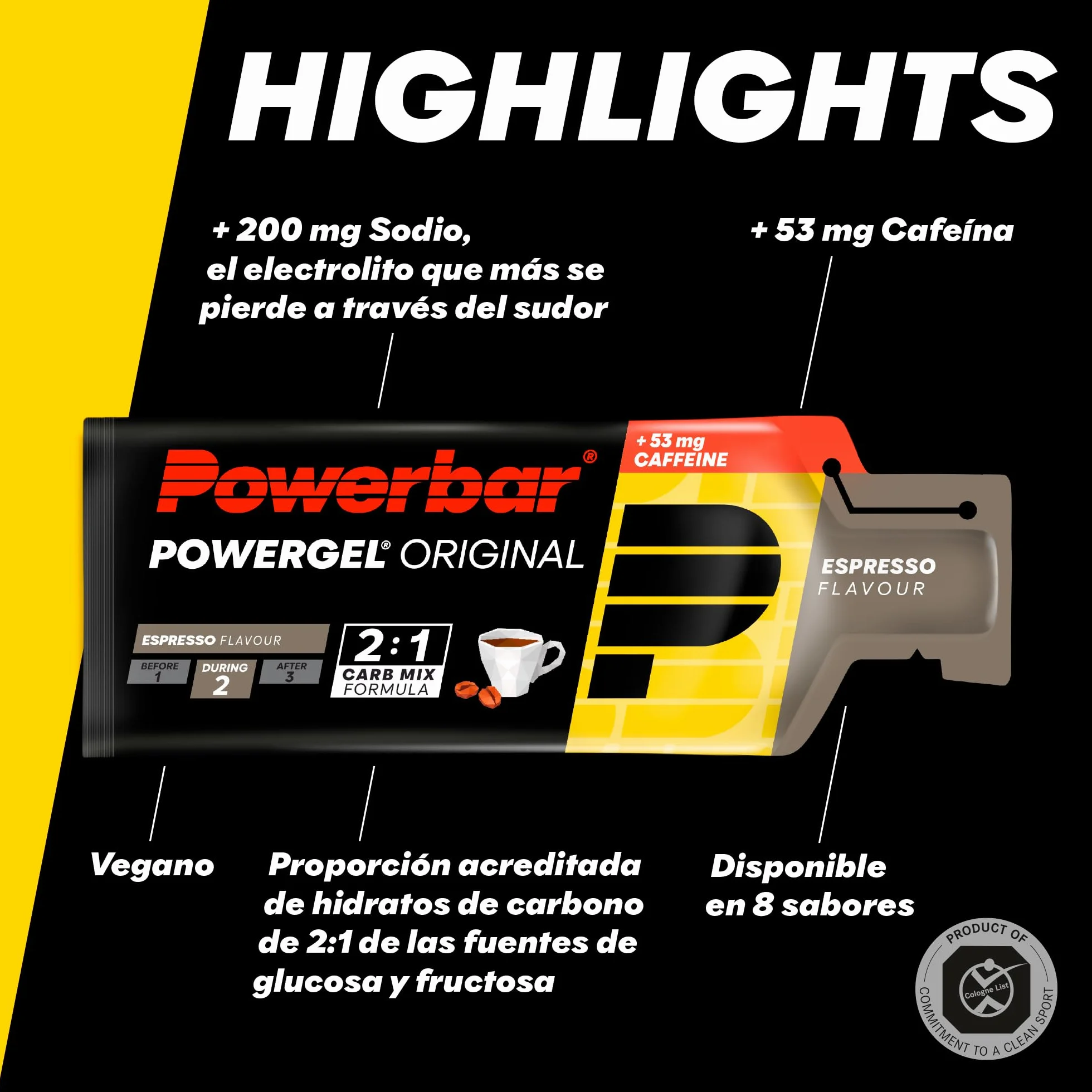 Powerbar PowerGel Original Espresso 24x41g High Carb Energy Gel Magnesio Sodio 53mg Cafeína