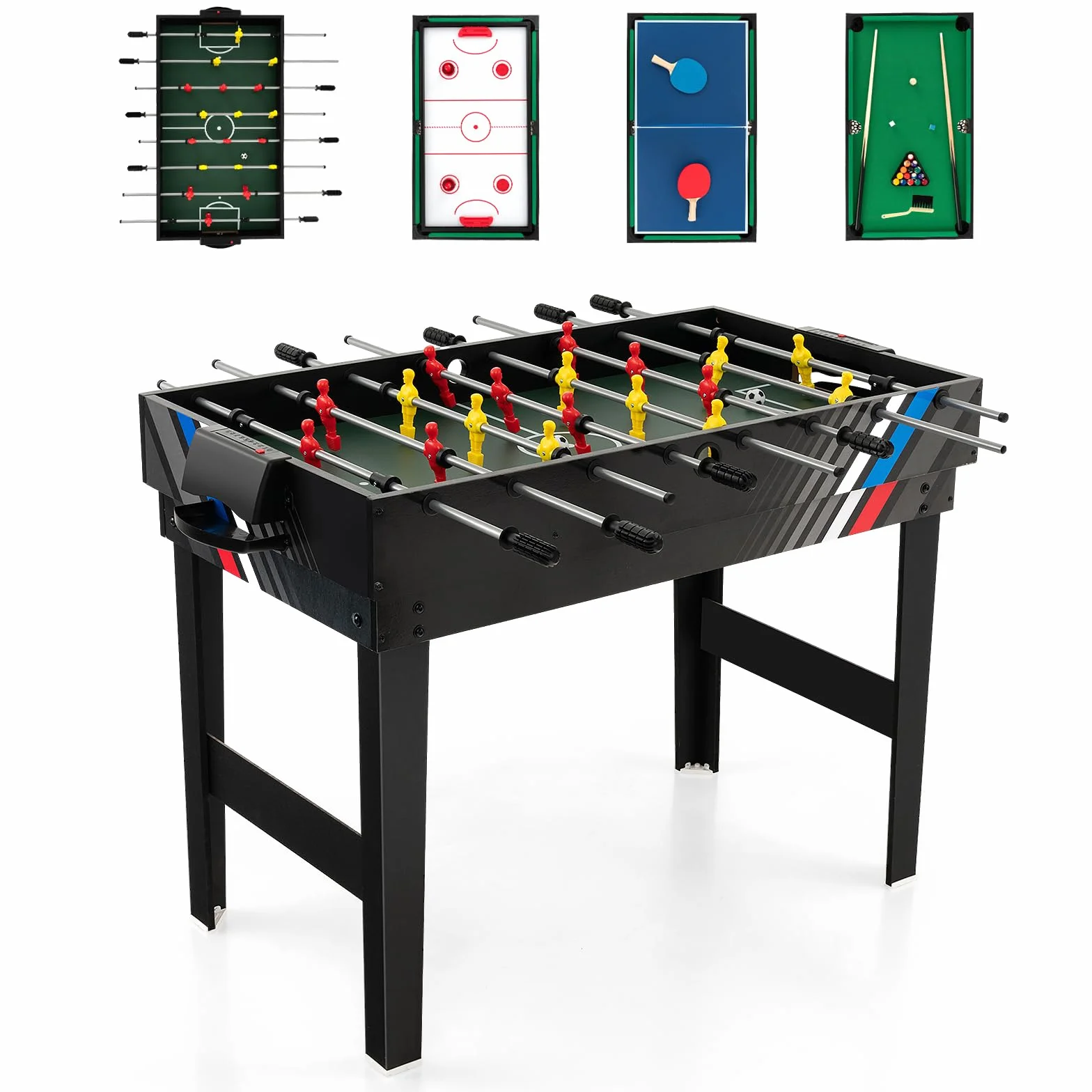 RELAX4LIFE 4 en 1 Juegos de Mesa Apilable para Niños y Adultos, Futbolín, Hockey, Billar, Tenis de Mesa con 18 Accesorios para Salas de Juegos y Bares, Regalo Cumpleaños o Navidad, 125x97x83cm