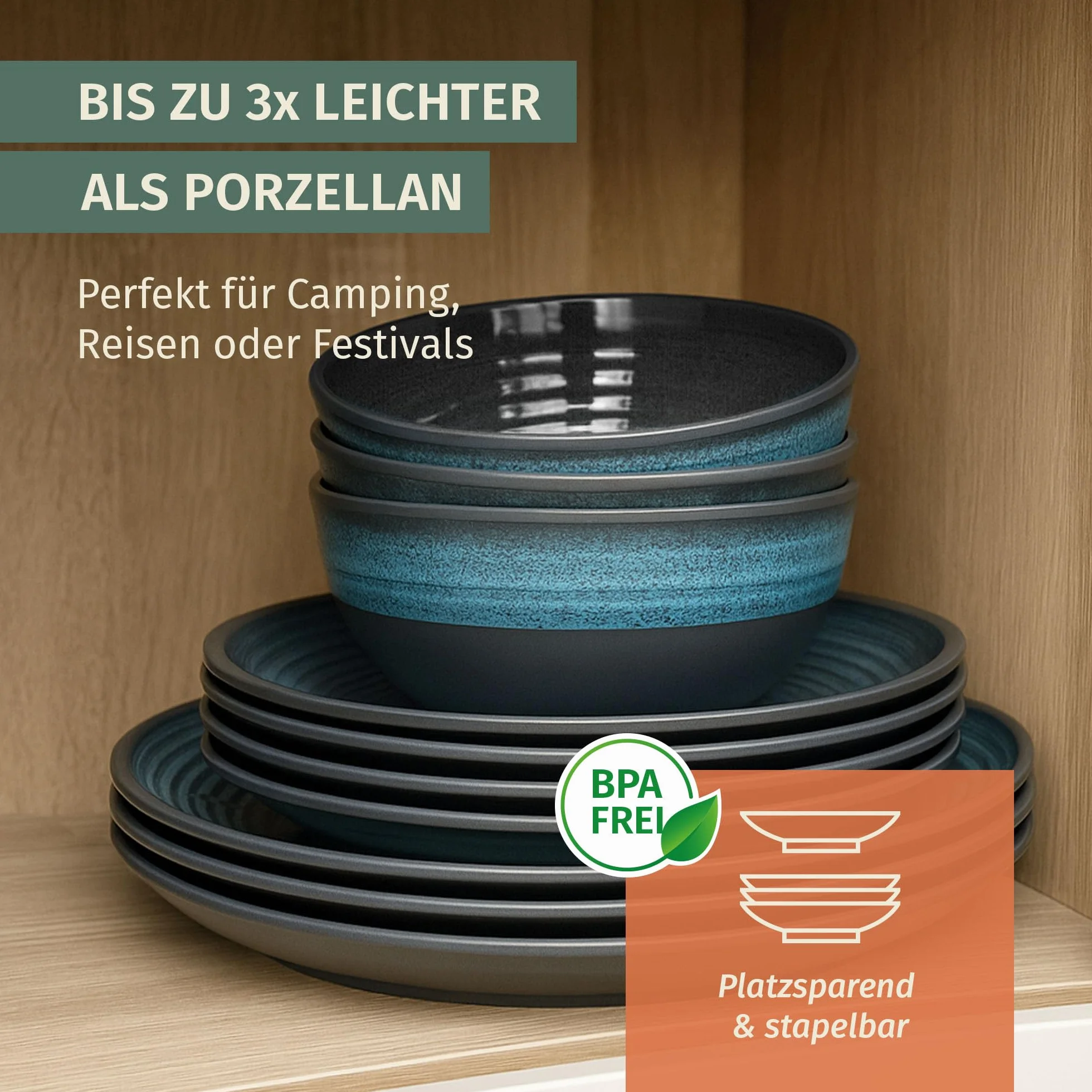 Vajilla de melamina para camping, 4 personas, color azul piedra + 4 vasos de agua Tiamo vajilla de picnic barbacoa
