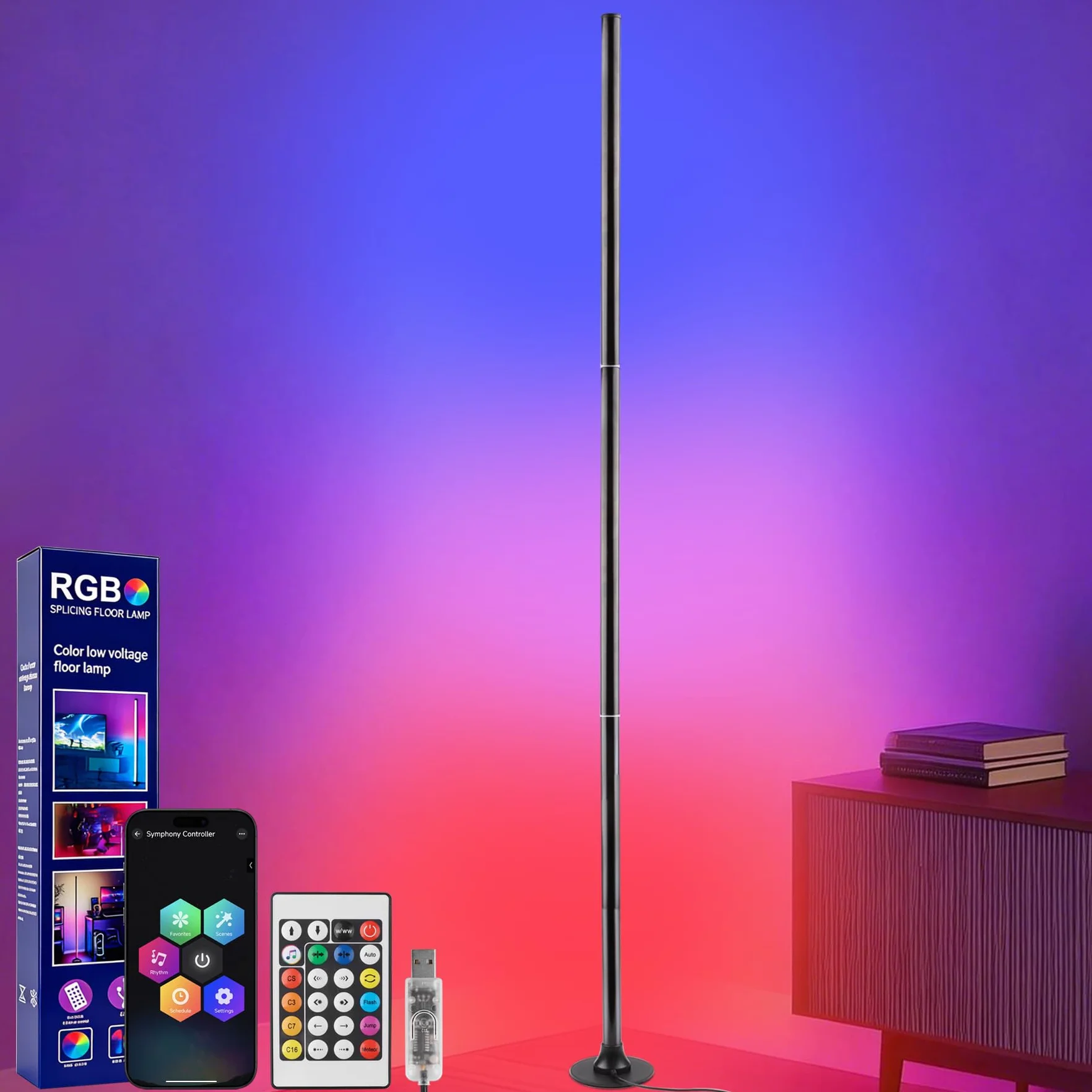 Lámpara de pie LED RGB con control por aplicación y mando a distancia, sincronización musical, 16 millones de colores
