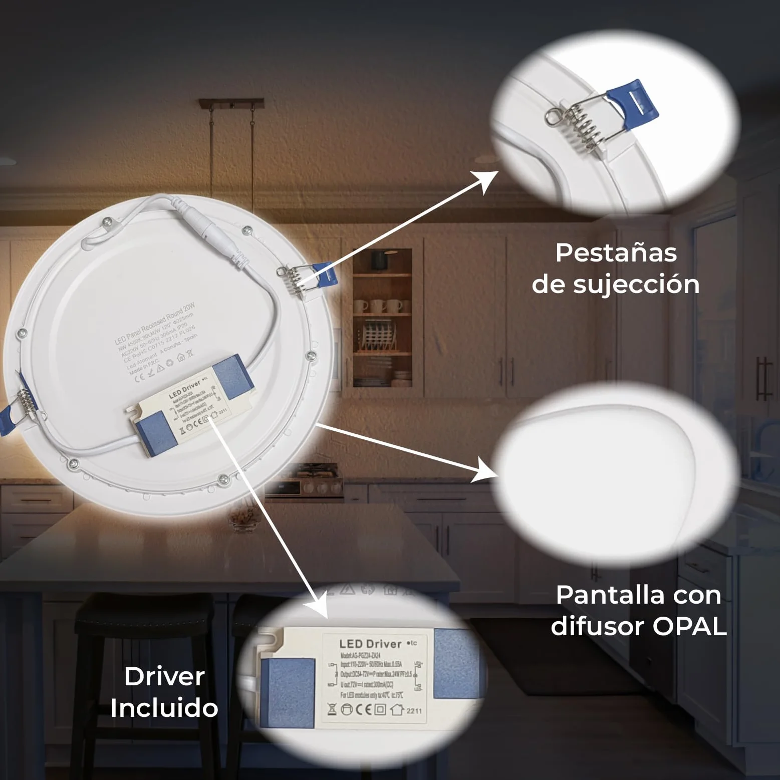 LED ATOMANT Downlight Panel Extraplano Redondo 220mm 20W 1800lm 6500K Luz Fría Corte 200mm Driver Incluido