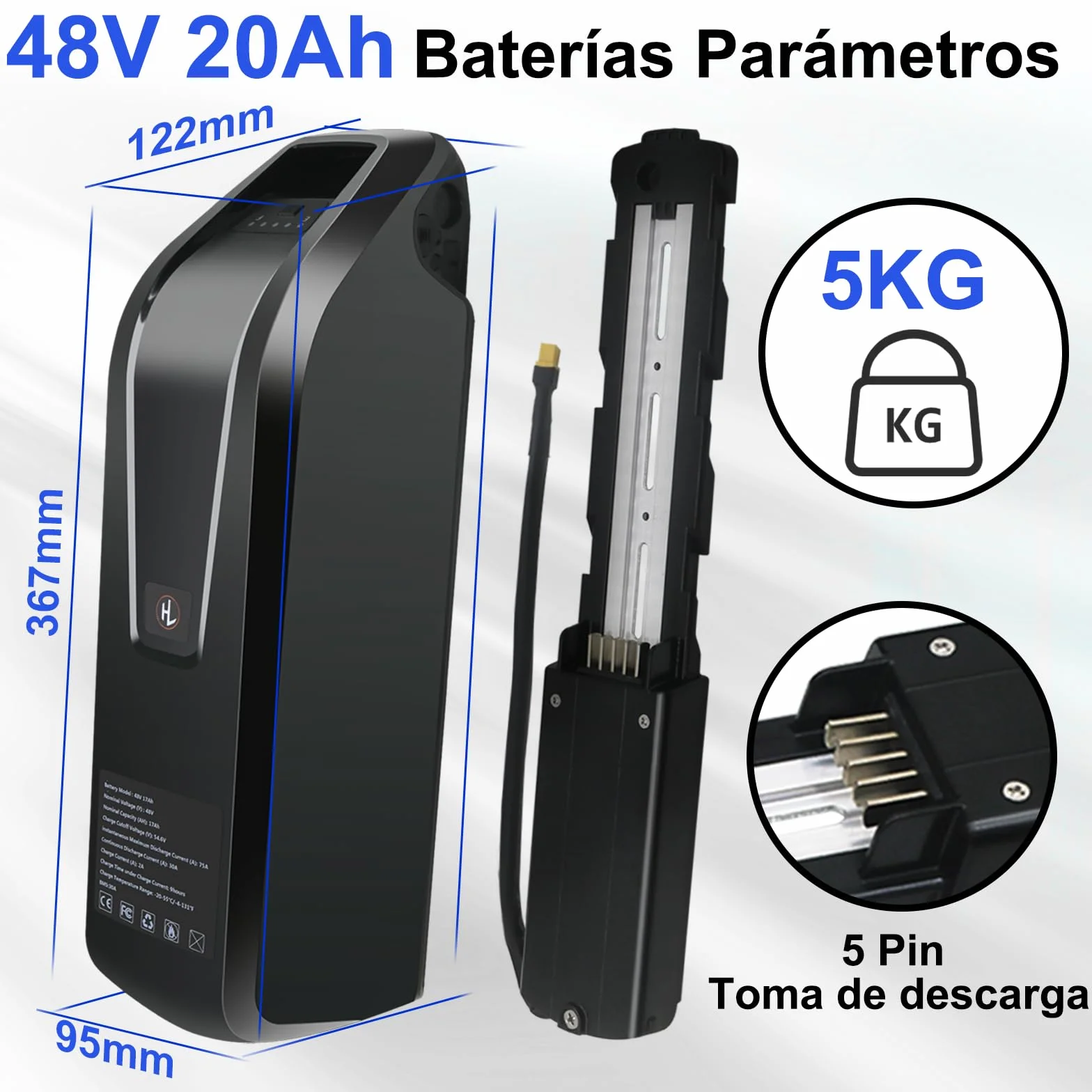 36V 48V Batería Ebike Bicicleta eléctrica 8Ah/10Ah/15Ah/20Ah Hailong Batería con 30A BMS, Cargador rápido 2A, Salida USB, Cierre Seguro, Placa Base 5 Pin, para Motor 0-1400W