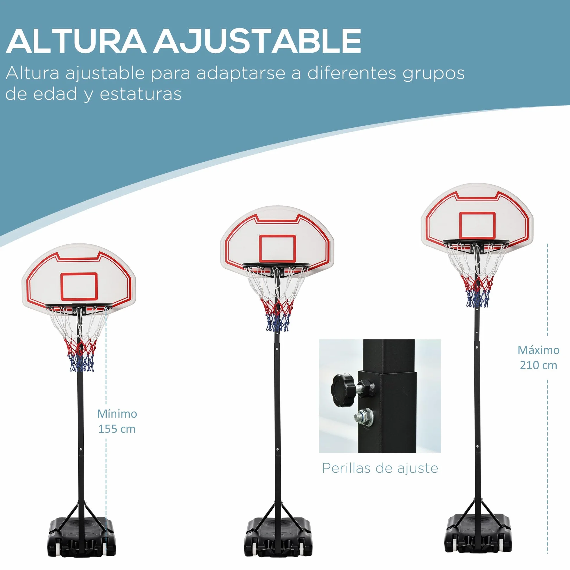 HOMCOM Canasta de Baloncesto de Pie Ajustable 194-249 cm Base Rellenable Agua 30 kg Arena 35 kg Ruedas Transporte Multicolor