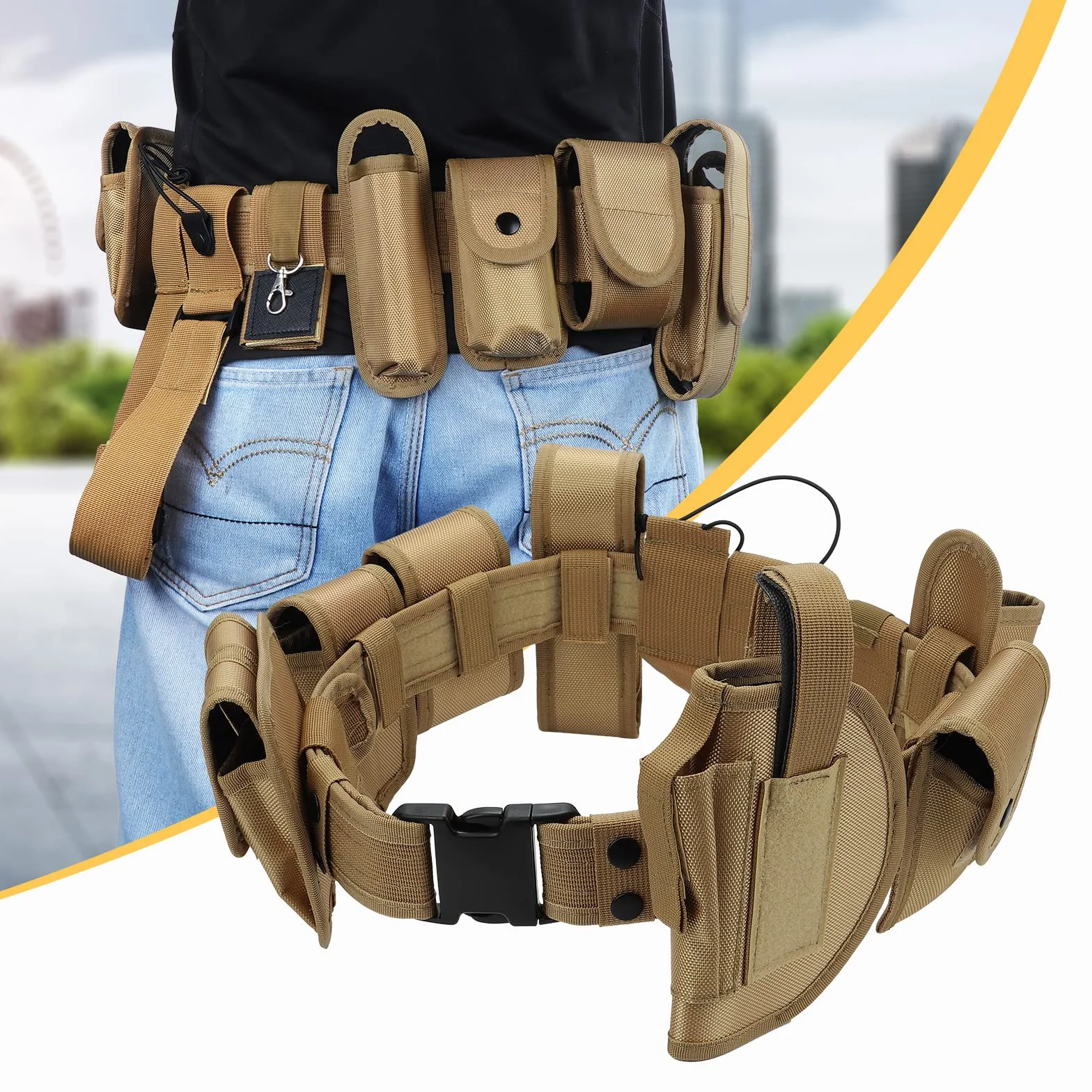 10 en 1 cinturón táctico de Utilidad Multifuncional al Aire Libre riñonera Equipo de Patrulla para Guardia de policía Caza de Seguridad con 9 Bolsas de componentes (Caqui)
