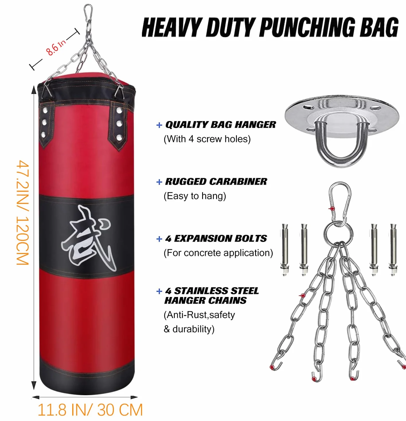 Saco de Boxeo Resistente sin Relleno, Bolsa de Punching Colgante con Vendas, Gancho y Cadena para Adultos y Niños