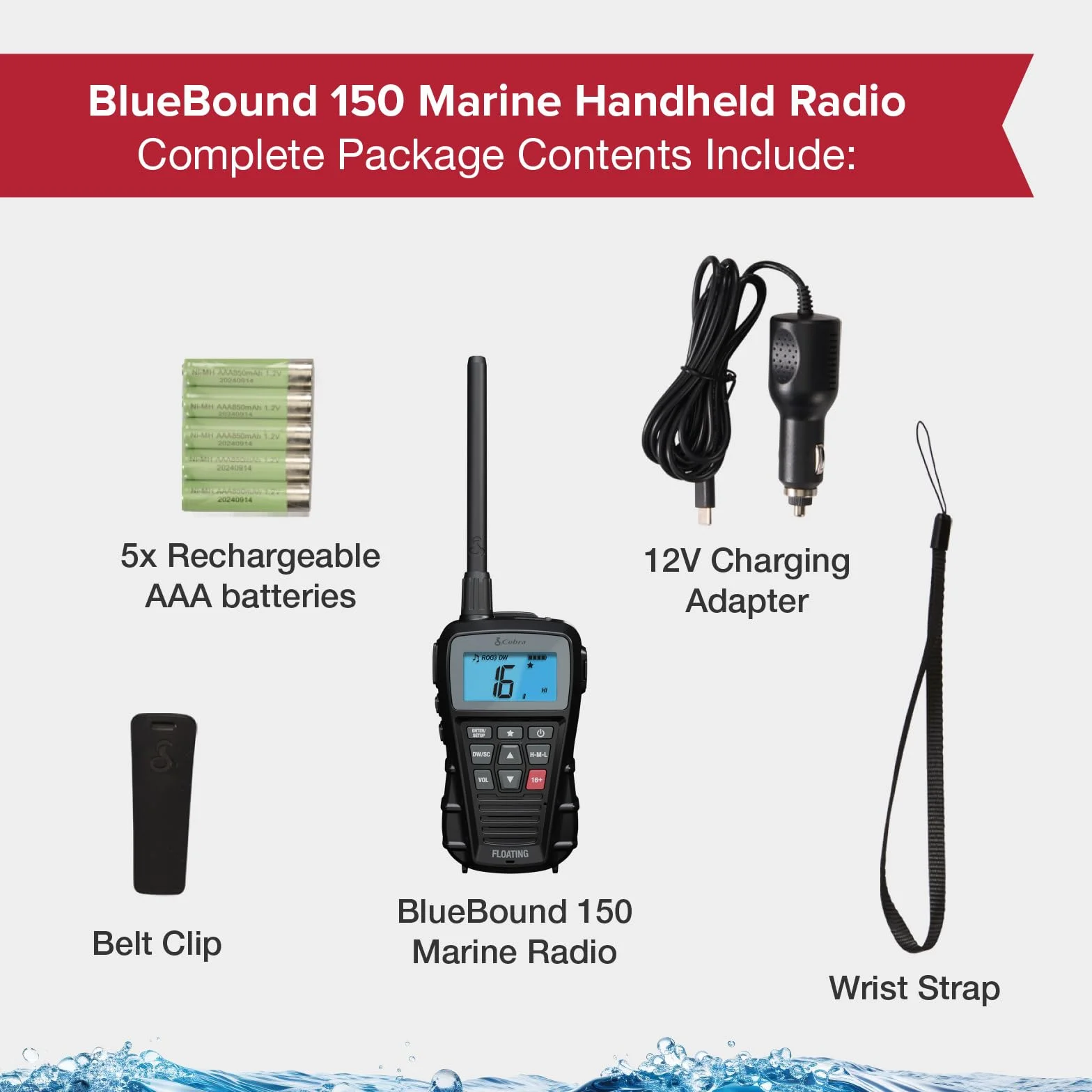 Cobra BlueBound 150 Radio Marina VHF de Mano, 3 W, Flotante, IPX7 Impermeable, Sumergible, Pantalla LCD, escaneo de Memoria, Clip para cinturón, Color Negro