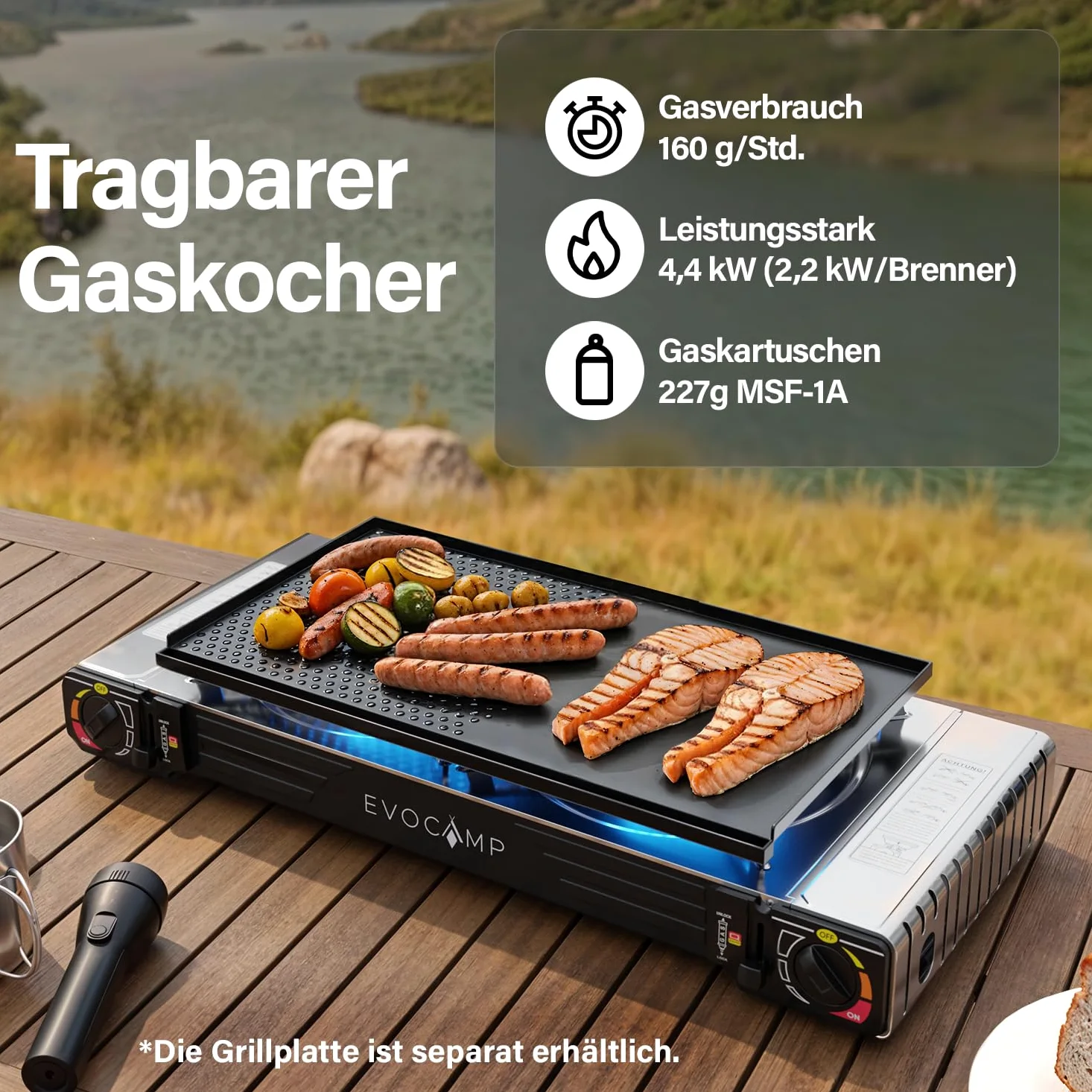 Cocina de Gas 2 Fuegos para Camping con Encendido Piezoeléctrico y Cartuchos MSF-1a 227g