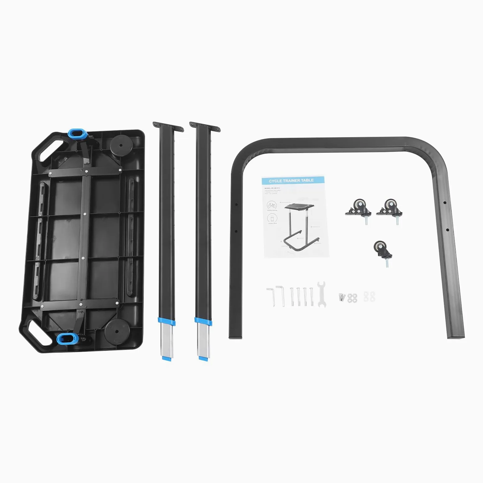 Mesa de entrenamiento para bicicleta, altura ajustable, con ruedas bloqueables, superficie de trabajo antideslizante, soporte para tableta/smartphone y 2 soportes para bebidas, para bicicleta estática
