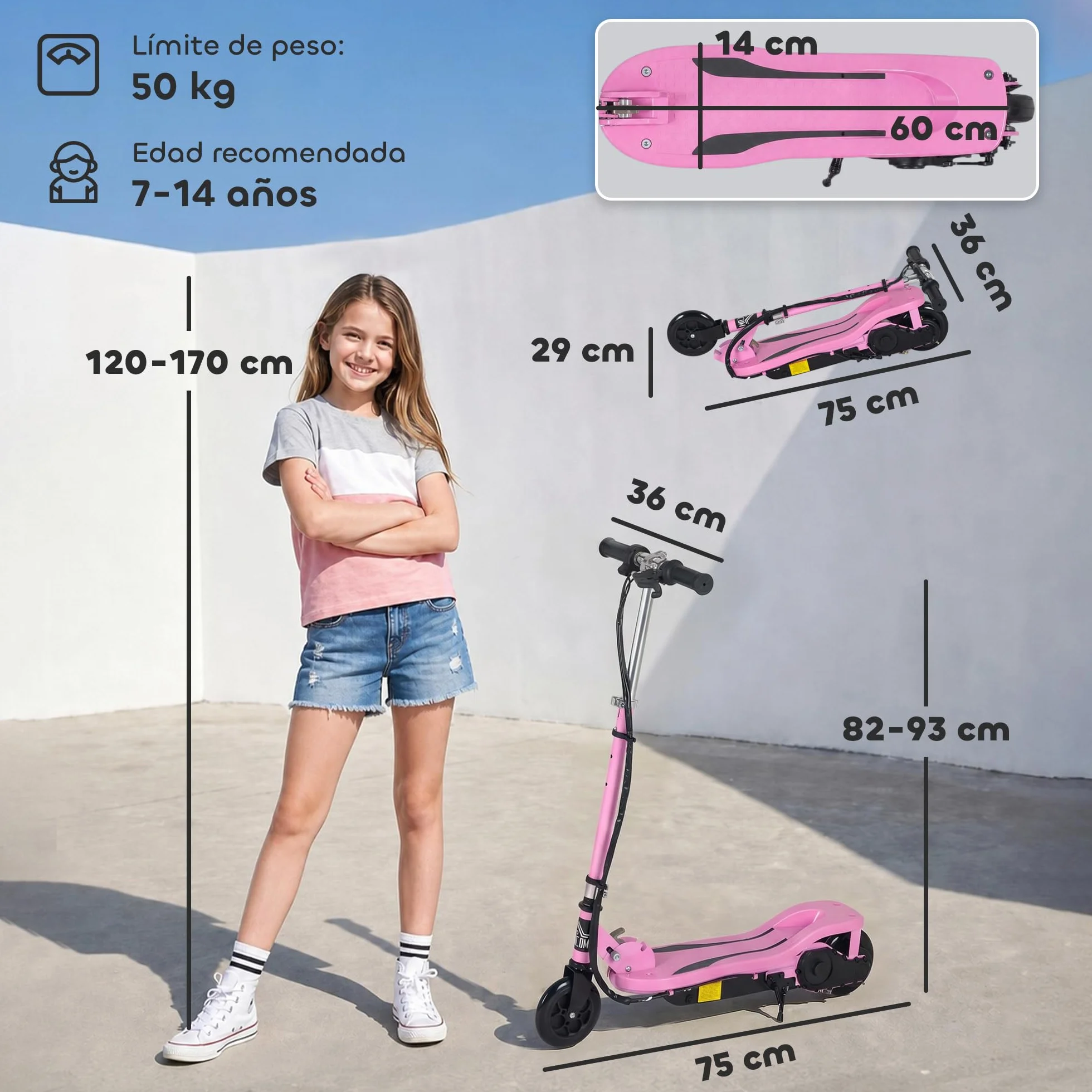 HOMCOM Patinete Eléctrico Plegable para Niños de 7-14 Años, Patinete Eléctrico con Velocidad MAX. 12 km/h, Alcance de 8 km, Altura Ajustable, Freno de Mano