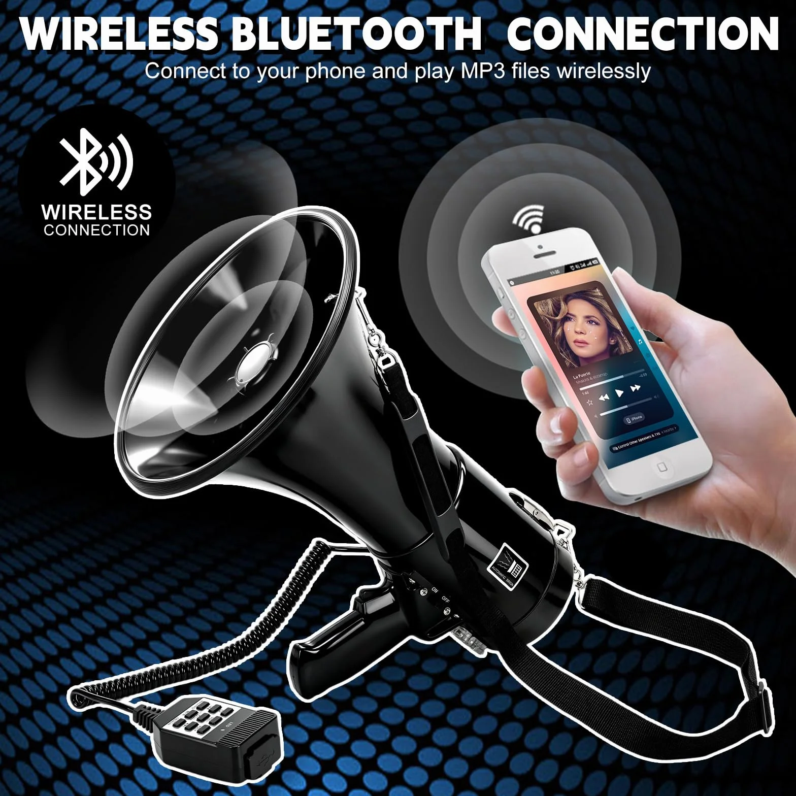 WingFly Megáfono 150W Bluetooth Grabación Alcance 2000m Altavoz Sirena Micrófono Externo USB