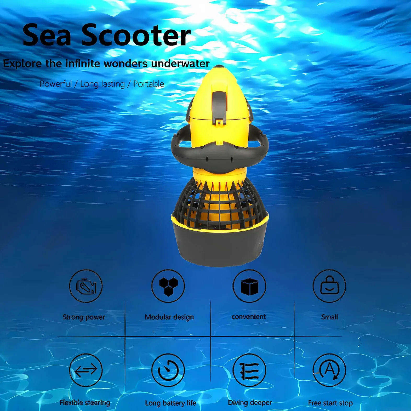 Sea Scooter - Impulsor de agua eléctrico para buceo, esnórquel, aventuras en la piscina, mango estable, batería de litio desmontable, motor sin escobillas