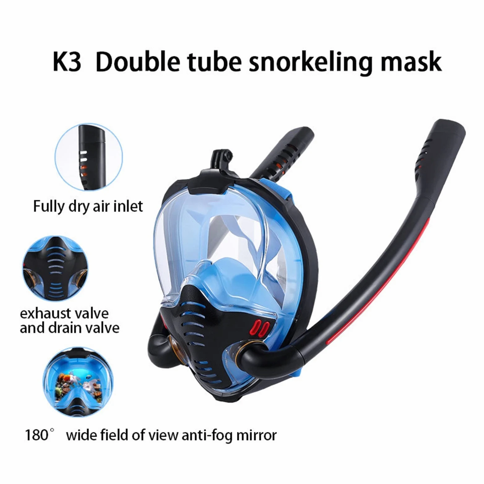 Respiracion bajo el agua Máscara de esnórquel de doble tubo de silicona, máscara de buceo completamente seca, máscara de natación for adultos, gafas de buceo, respiración subacuática autónoma Estabili