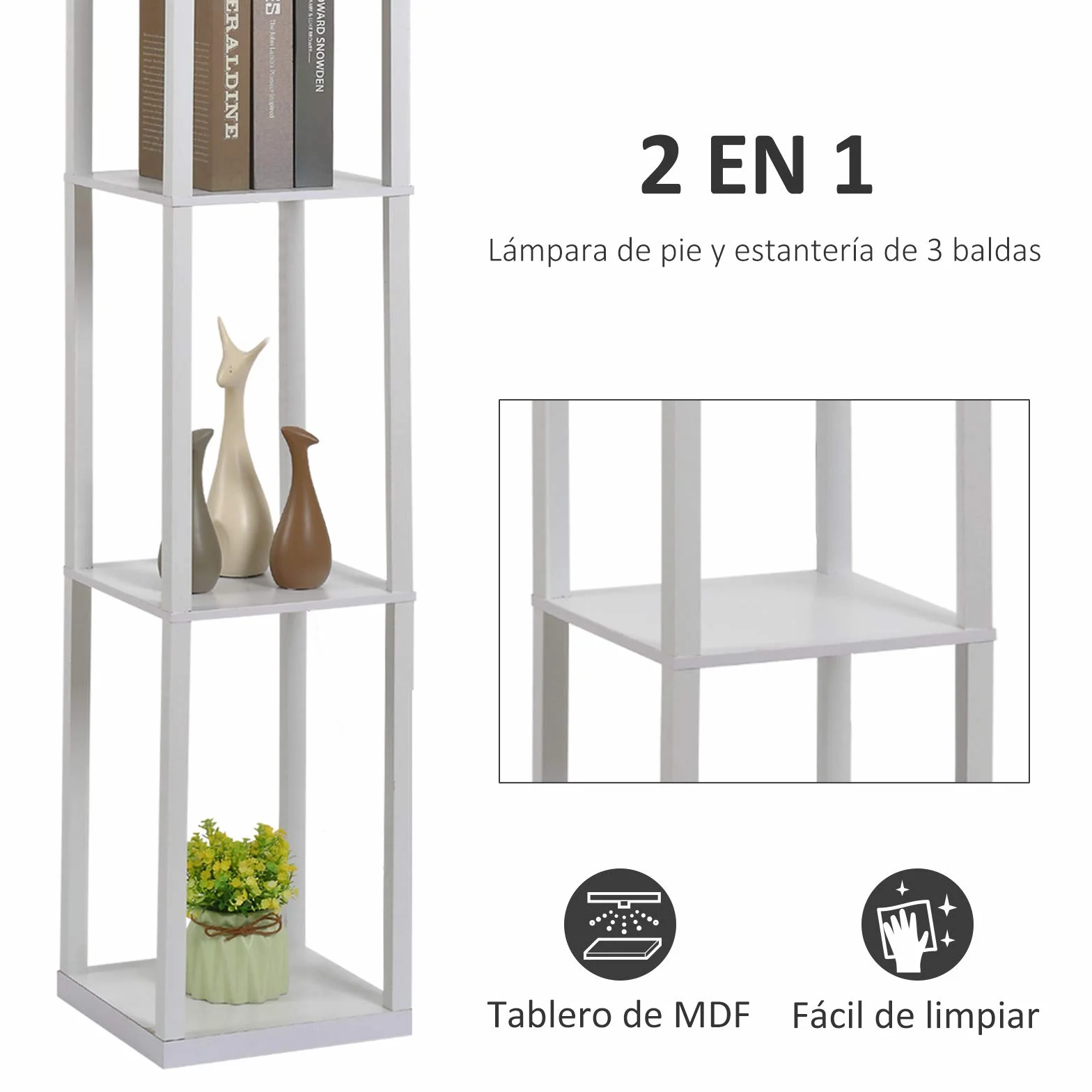 HOMCOM Lámpara de Pie con Estantes de Almacenaje, Madera Moderna, Bombilla E27, Blanco