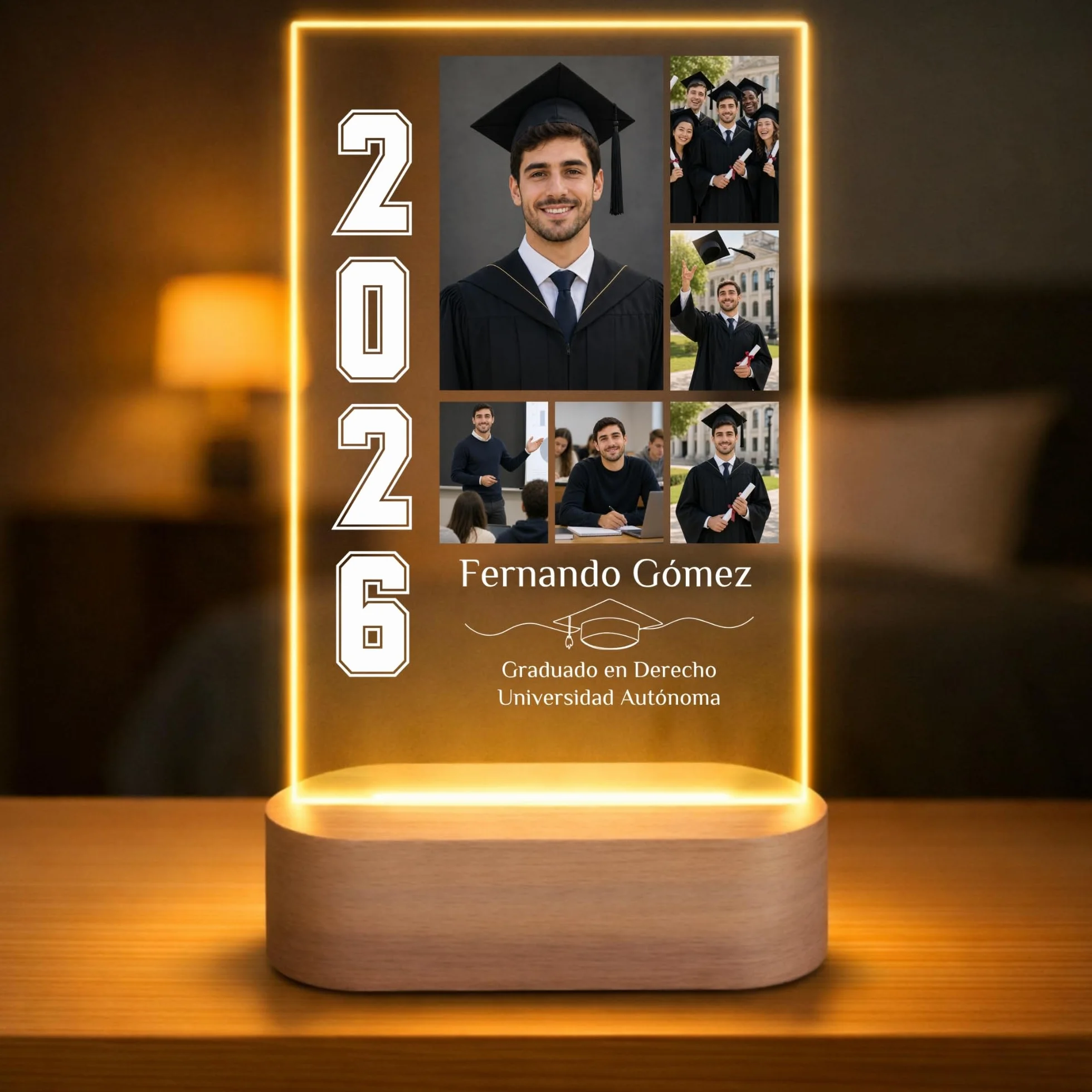 Lámpara personalizada graduación regalo con placa, fotos, nombre y curso 2026