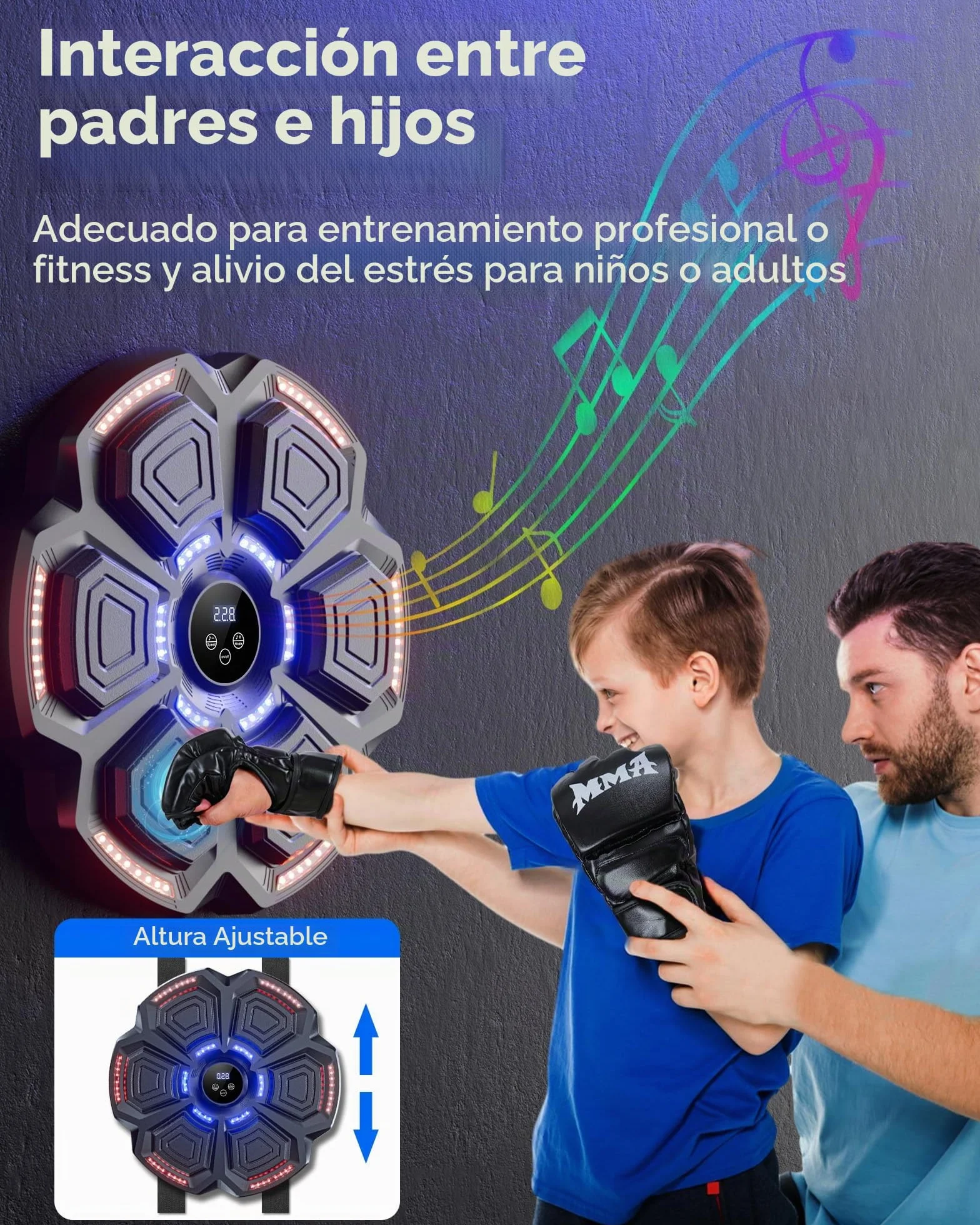 Maquina Boxeo Musical Pared 9 Modos Velocidad con Guantes Bluetooth Recuento Inteligente Luces Ritmo