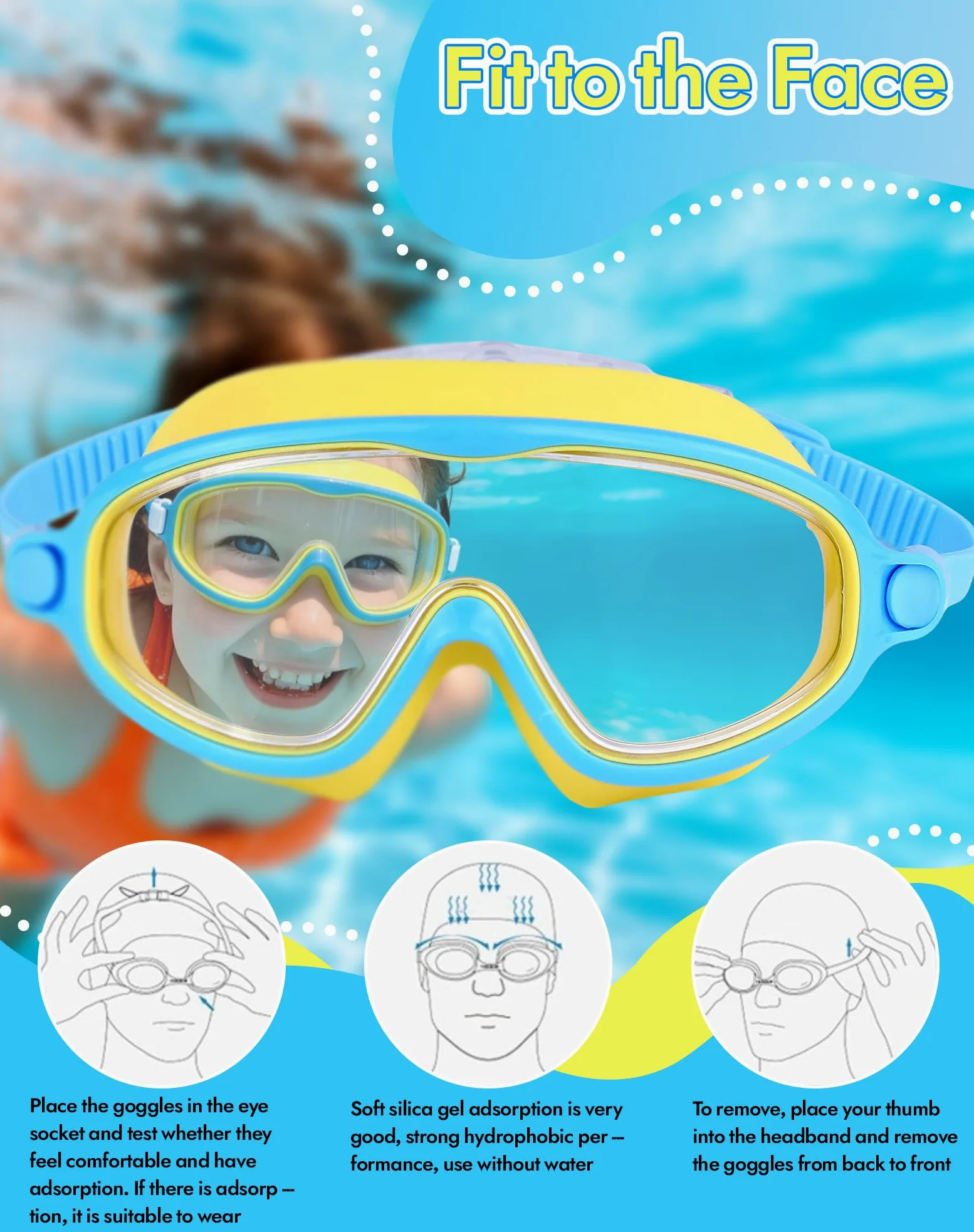 Swimbi Splsh Vision Goggles, Blumi Baby Splashyeyes, gafas de natación antivaho y UV para niños con tapones para los oídos y clip para la nariz, máscara de natación de visión amplia para niños de 3 a