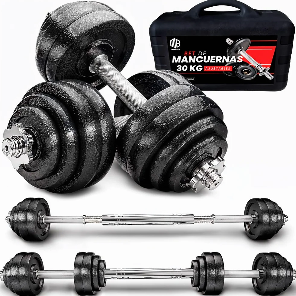 ManiBoom Mancuernas Ajustables HIERRO PURO (No Plástico) - Kit Pesas 3 en 1 con Barra Extensora - Maletín Rígido de Musculación y Fitness en Casa - Discos Macizos y Seguros (15kg - 55kg)