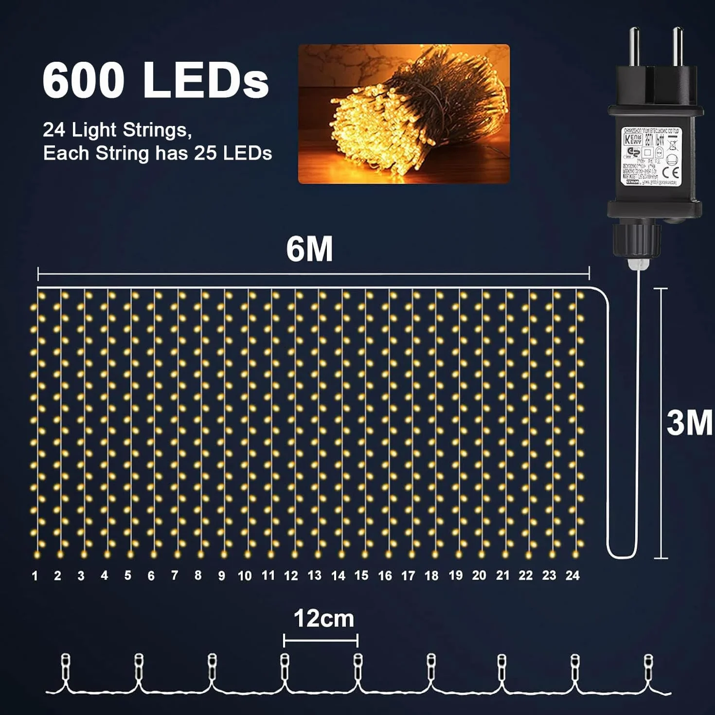 Cozymeow Cortina de Luces 6M x 3M 600 LED Impermeable Exterior Blanco Cálido