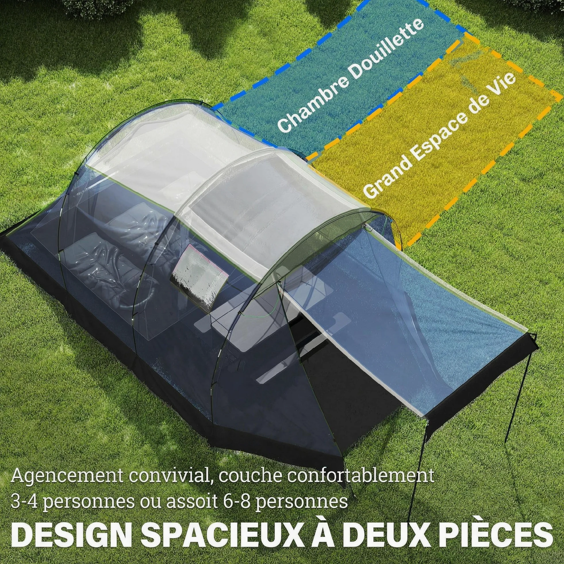Outsunny - Tienda de campaña (túnel de 4 personas, 3000 mm, 190 cm), color azul oscuro | Amplio salón, doble capa, cobertizo de jardín, Bivouac Senderismo, con toldo, altura de pie 190 cm