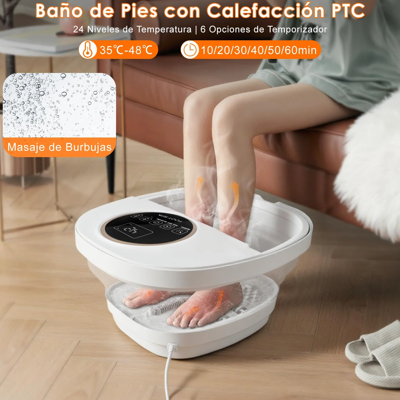 Masajeador de Pies Plegable con Calefacción, Control Remoto, Burbujas, 24 Temperaturas, 6 Temporizadores