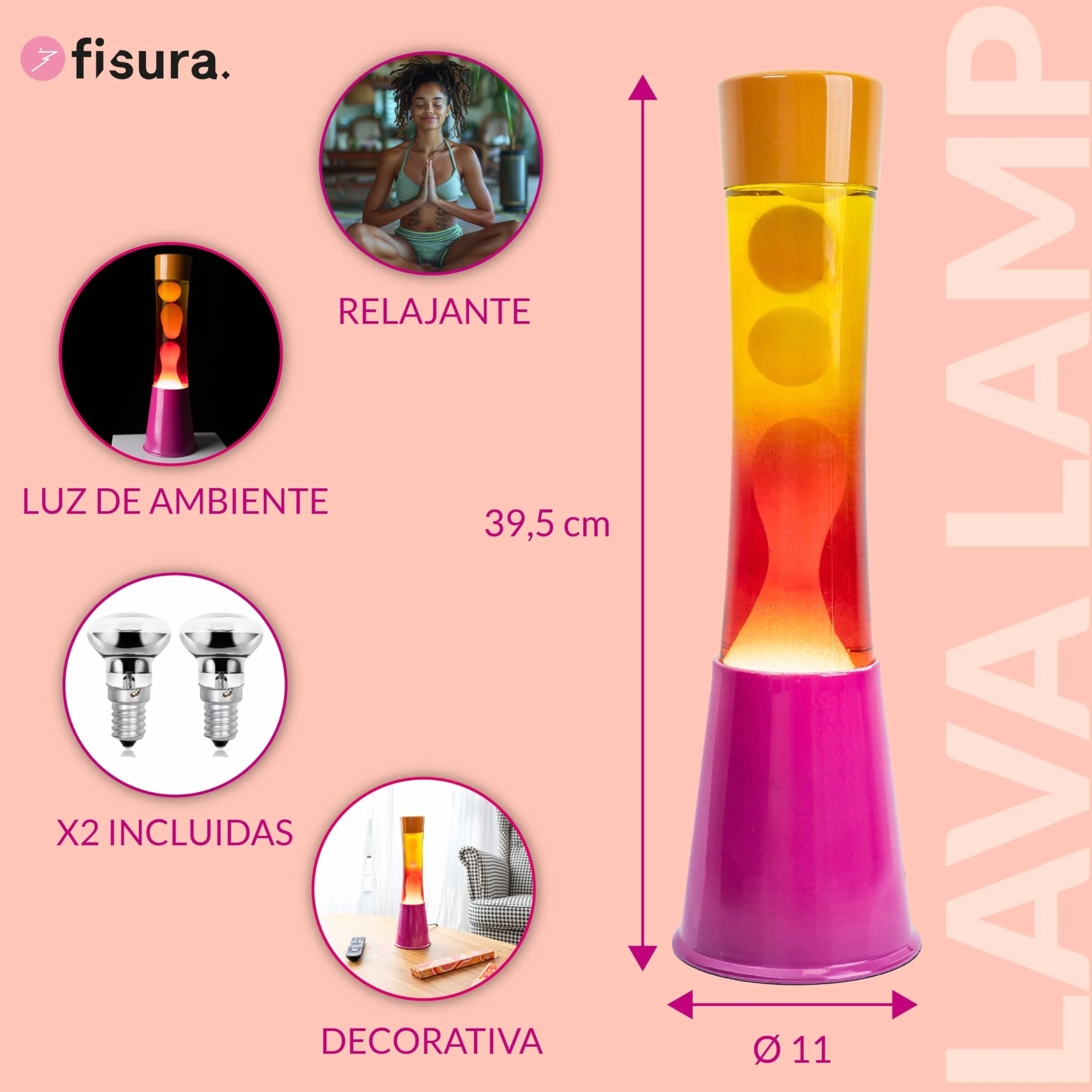 Lámpara de lava Fisura rosa naranja degradada 11 cm x 11 cm x 39,5 cm con bombilla de repuesto