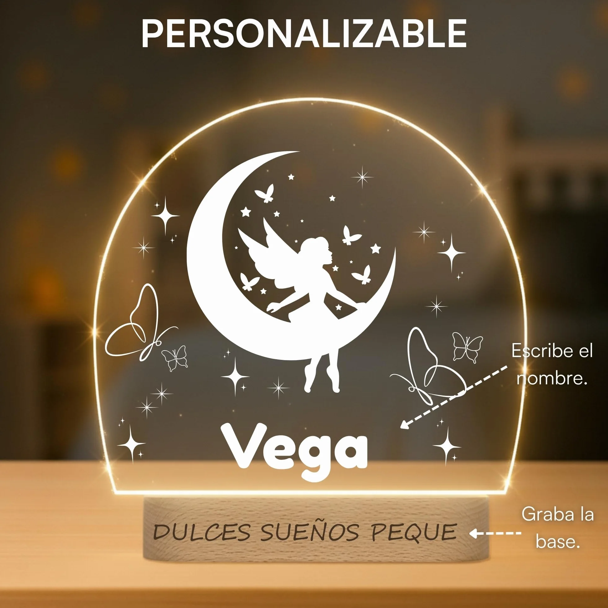 Lámpara Infantil Personalizada LED Quitamiedos con Nombre - Luz para Habitación Bebé - Regalo Original Nacimiento Bautizo Cumpleaños