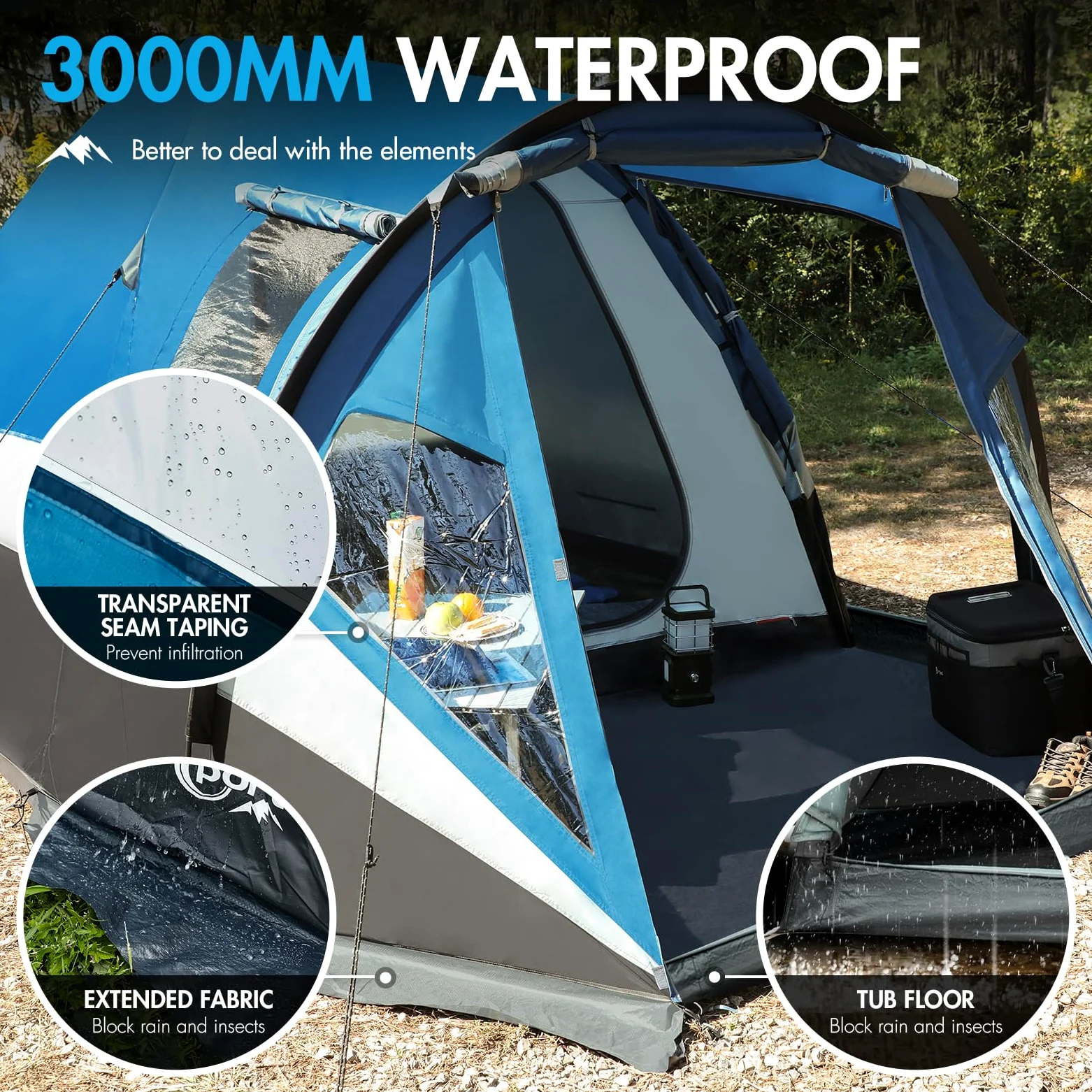 Portal Tienda de campaña para camping, con toldo, 3 – 4 temporadas, grande, 3000 mm, resistente al agua, con puerta lateral, ventana lateral, puerta de pantalla para trekking, exterior, festival, hierro para familias