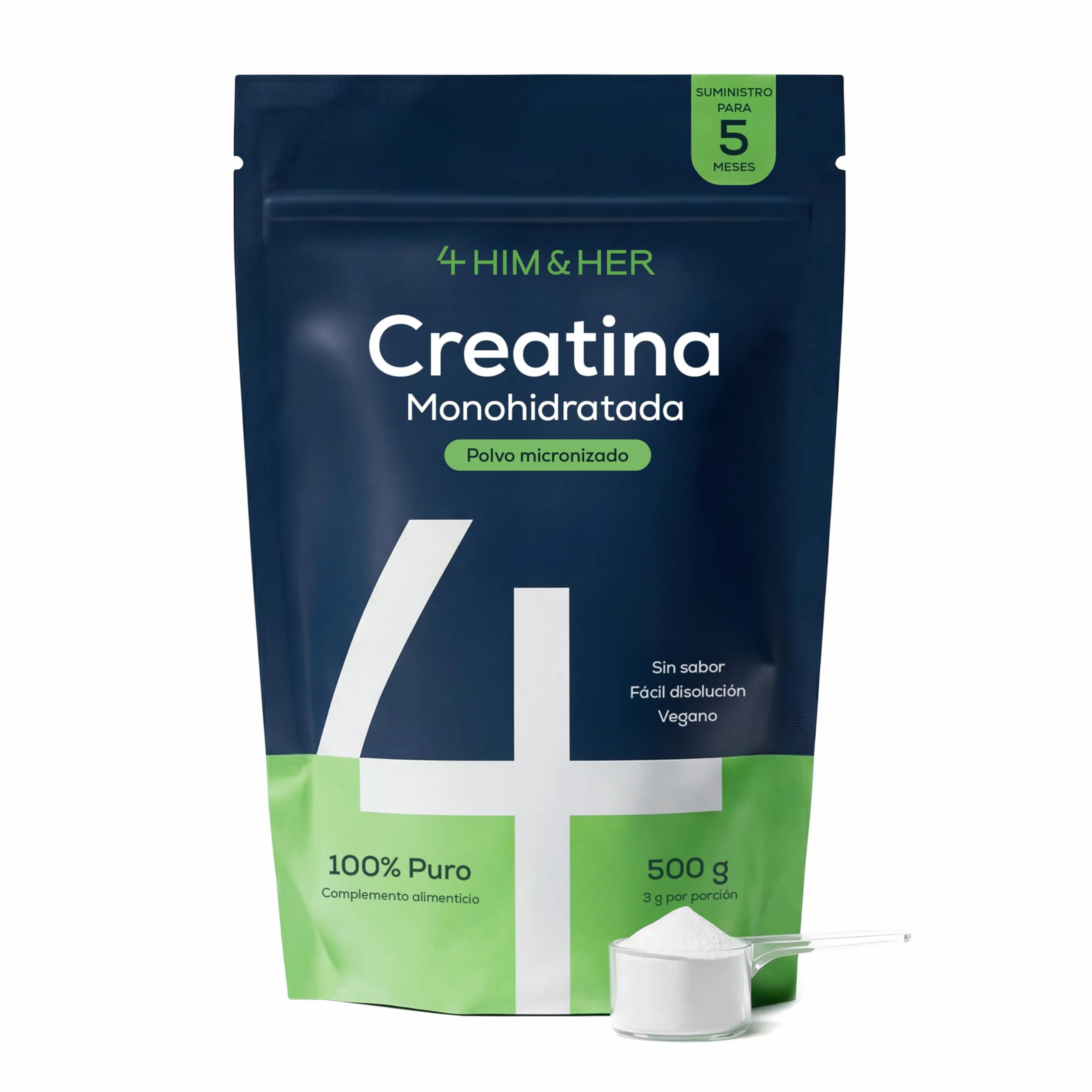 Creatina Monohidratada Polvo 500g, 5 Meses, 100% Pura, Sin Sabor, Micronizada 200 Mesh, Soluble, 147 Porciones, Vegana, Sin Gluten