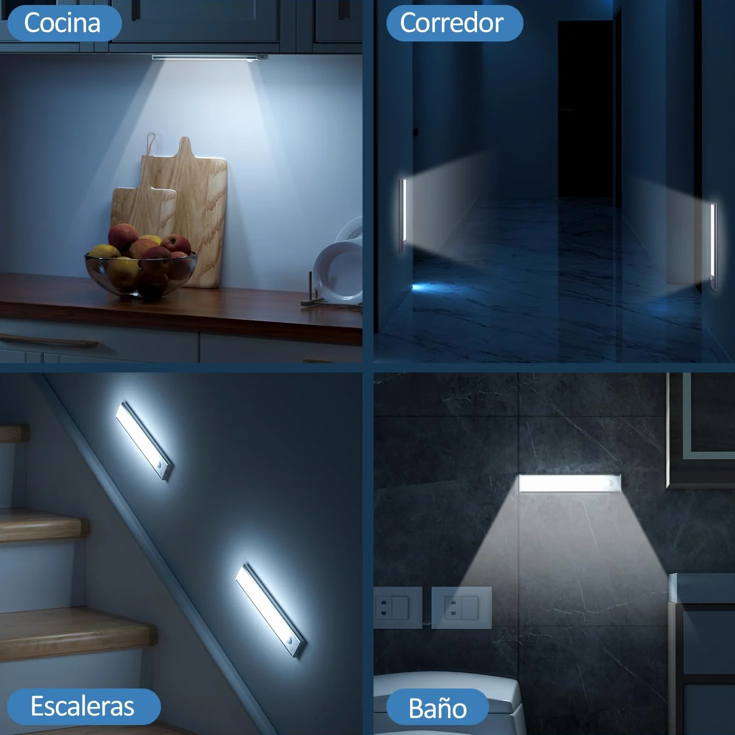 Luz LED Sensor Movimiento Cocina Armario Luces Pilas Adhesiva Recargable Lampara sin Cables Bajo Mueble Interior Tira Lamparas Magnetica Pared Barra Iluminacion Inalambrica USB