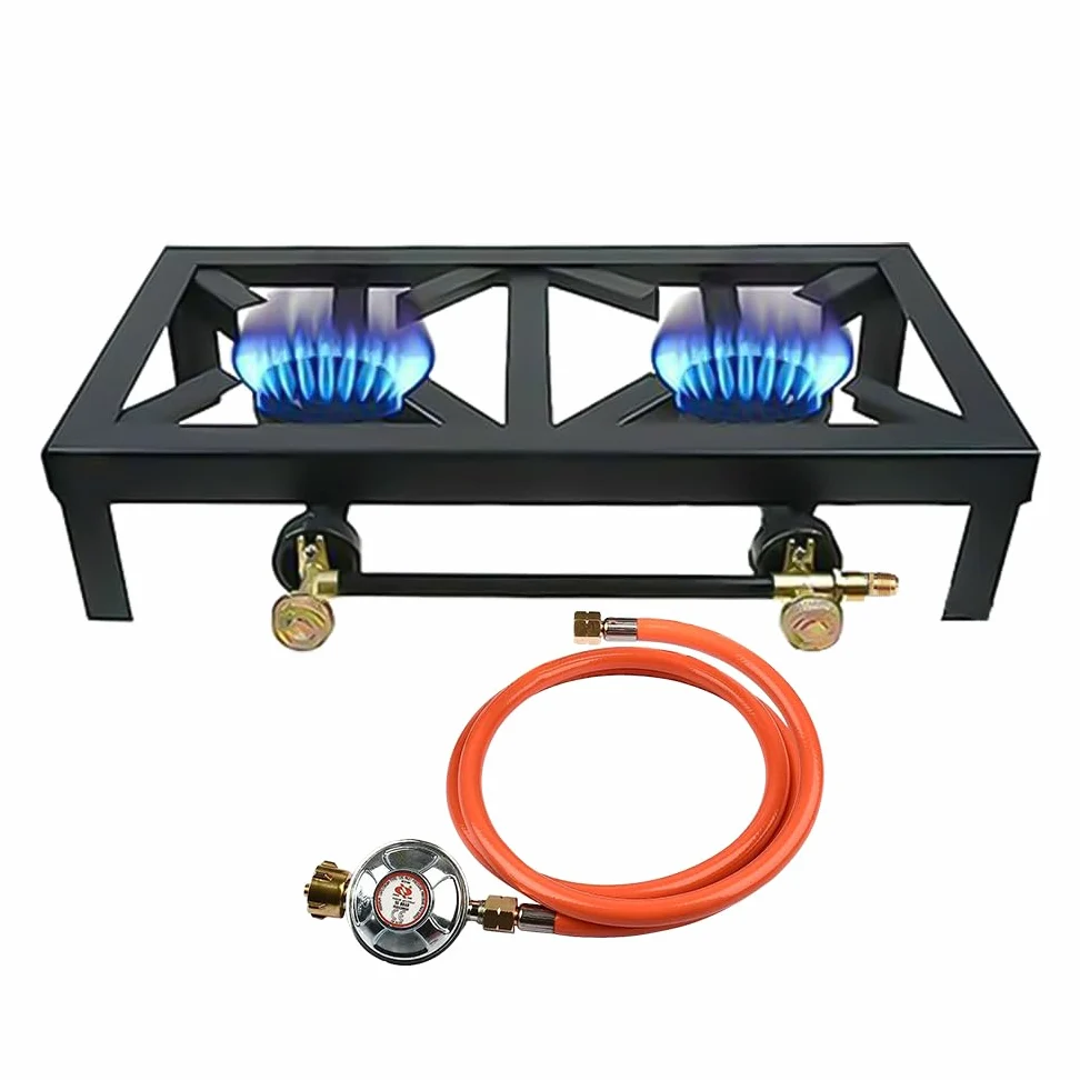 Hornillo a Gas de Fundición con 2 Fuegos,Hornillo Camping de Gas Portátil Acampada Plegable 6KW Compatible con Gas Butano y Gas Propano con 125cm Manguera y 50 mbr Regulador