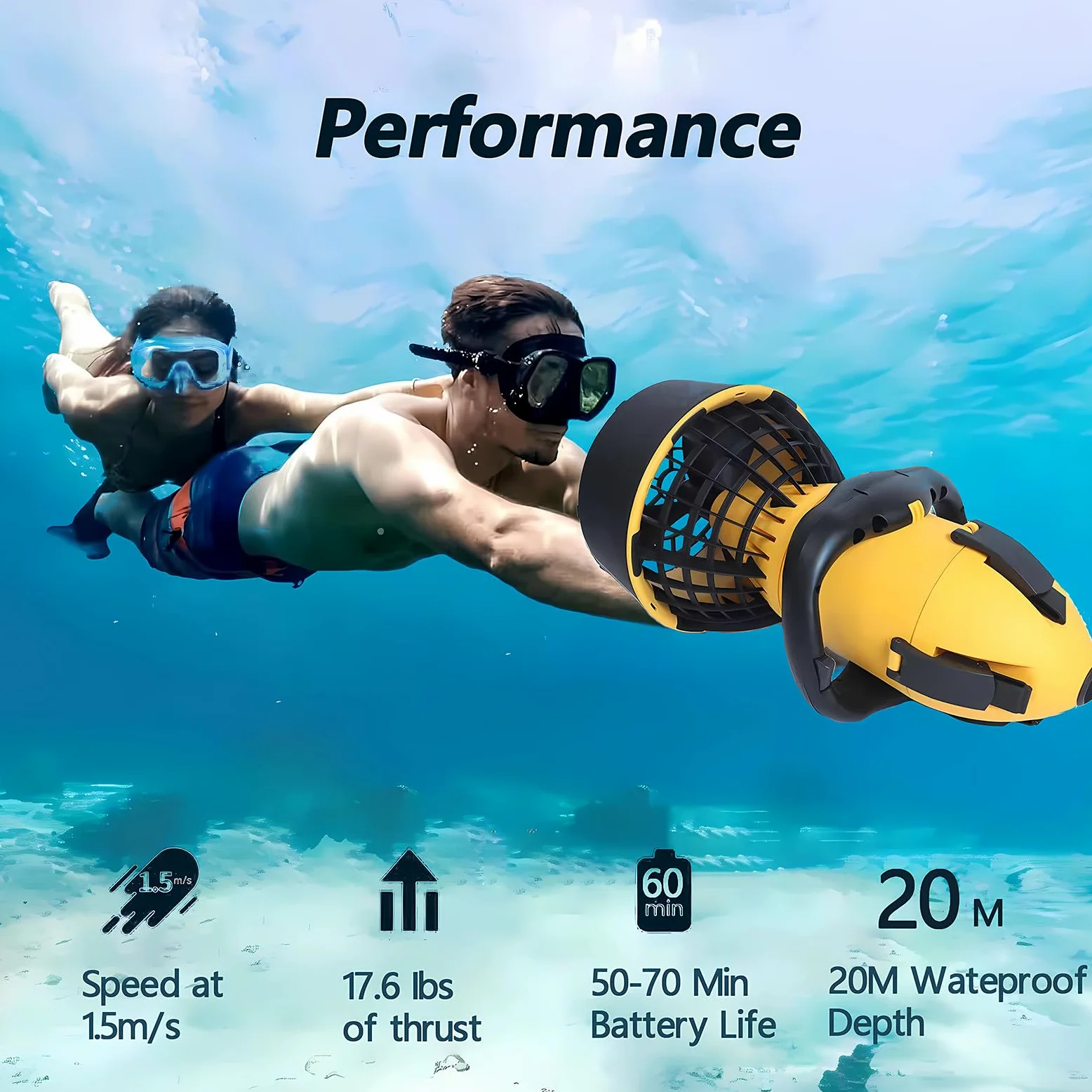 Sea Scooter - Impulsor de agua eléctrico para buceo, esnórquel, aventuras en la piscina, mango estable, batería de litio desmontable, motor sin escobillas