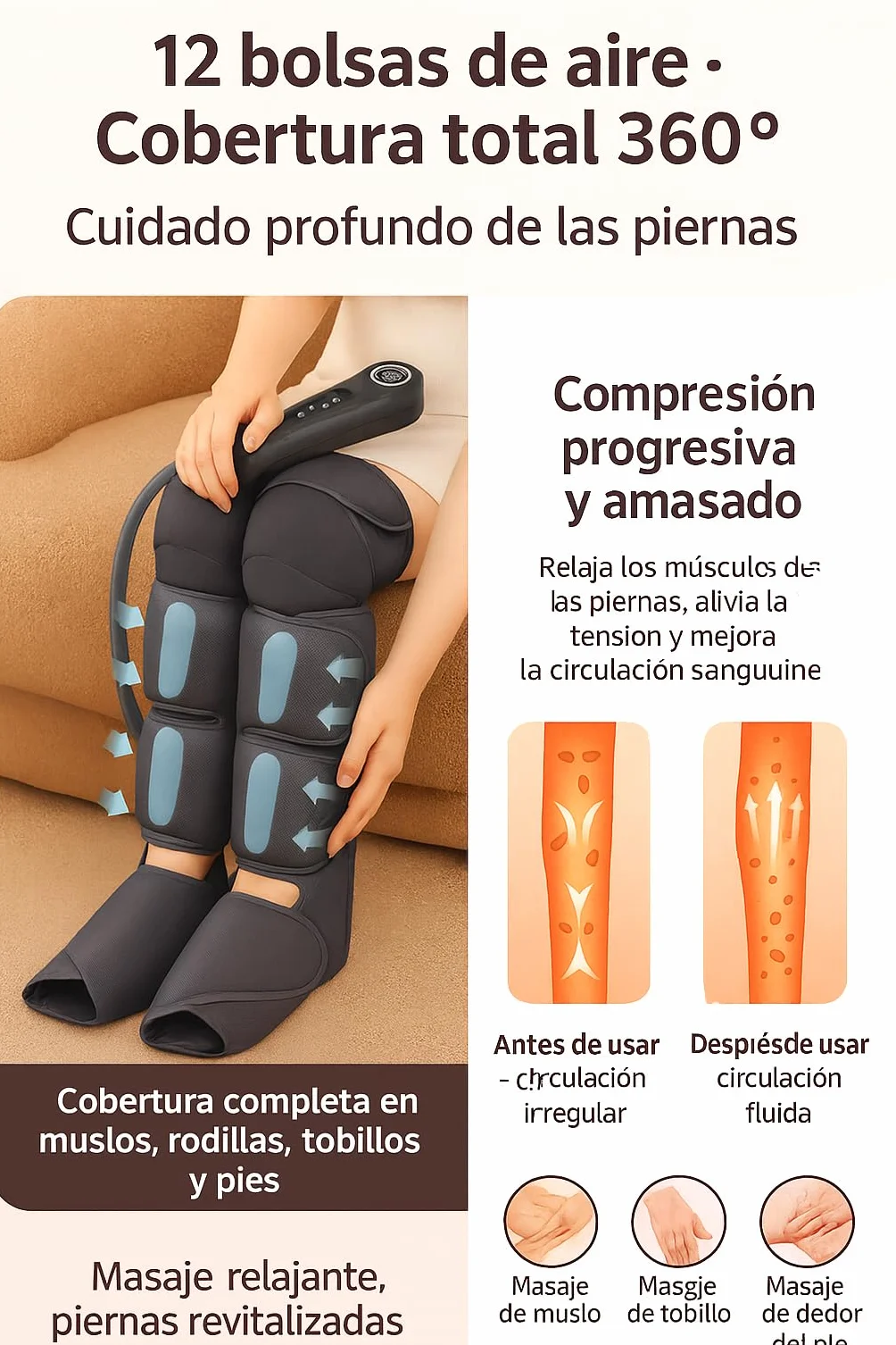 Masajeador de Piernas con Compresión de Aire, Calor y 3 Modos Inteligentes, 5 Niveles, Presoterapia
