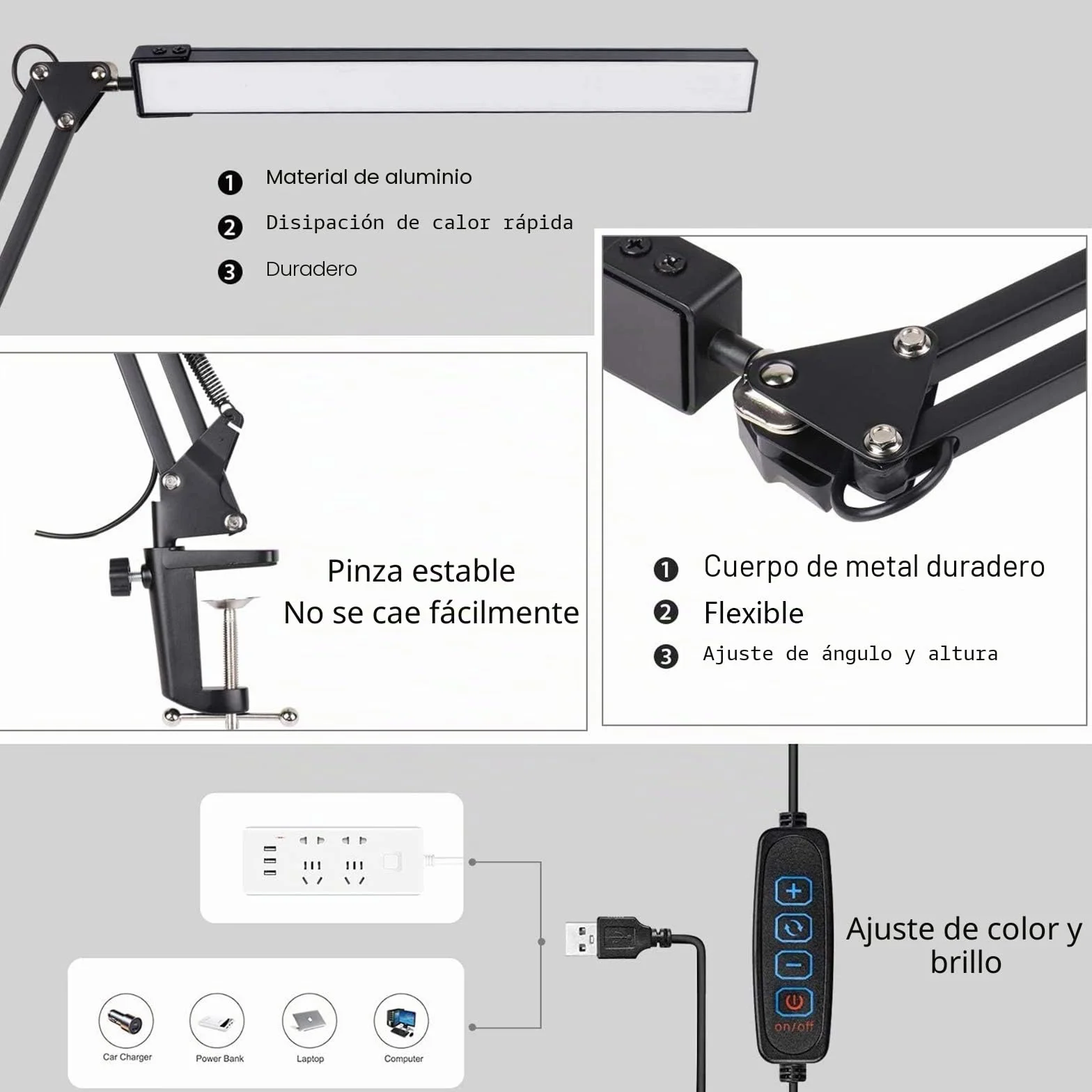 SKYLEO Lámpara Escritorio LED Flexo con Clip, Protección Ocular, 3 Modos de Luz, 10 Niveles de Brillo, Negro