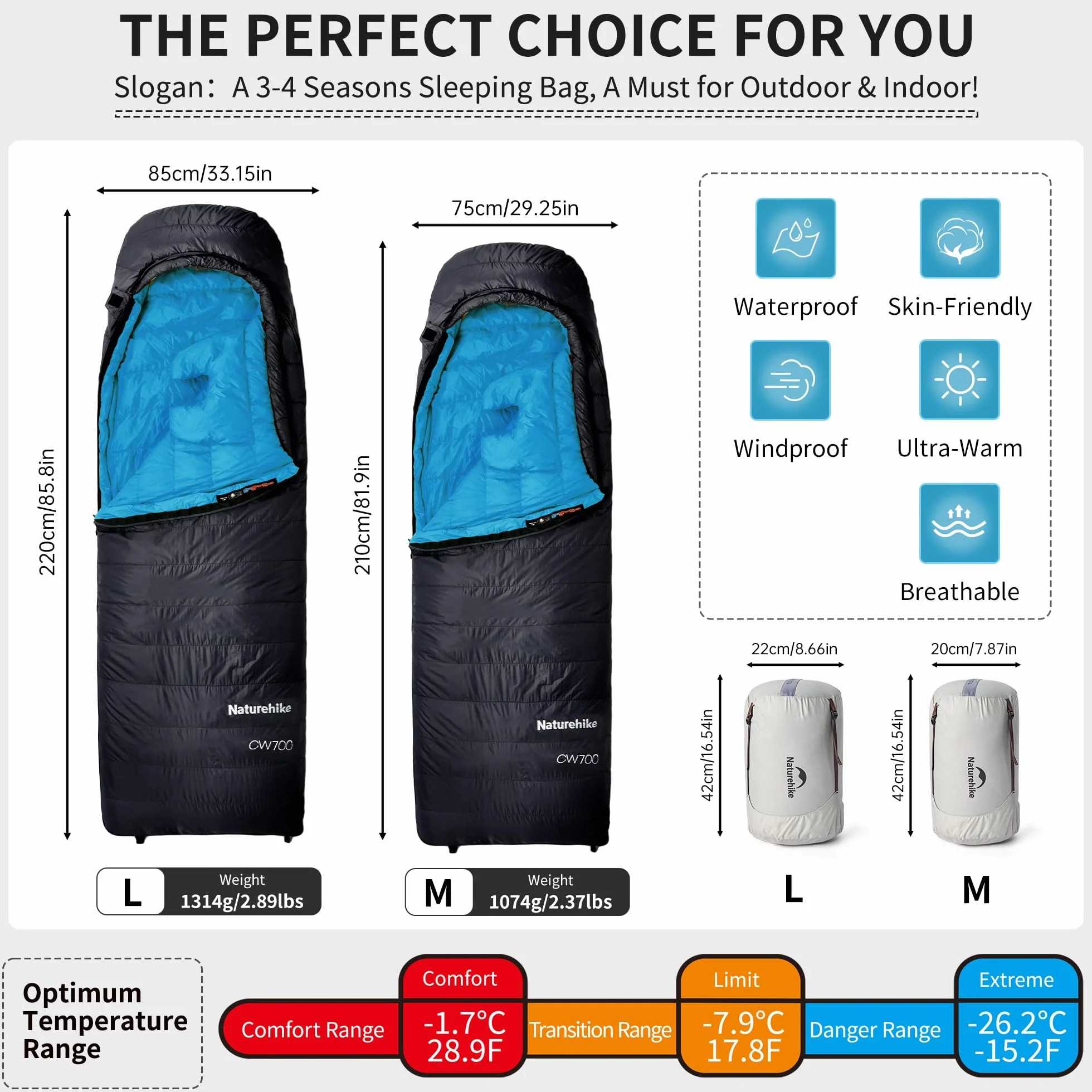 Naturehike CW700 Saco de dormir de plumón ultraligero portátil compacto invierno saco de dormir 4 estaciones para adultos y niños al aire libre camping senderismo viajes con saco de compresión