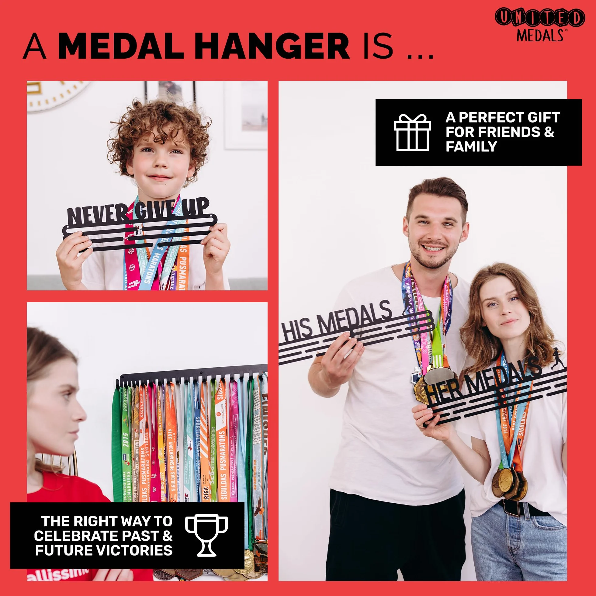 Colgador de medallas, en blanco con estante de bambú blanco