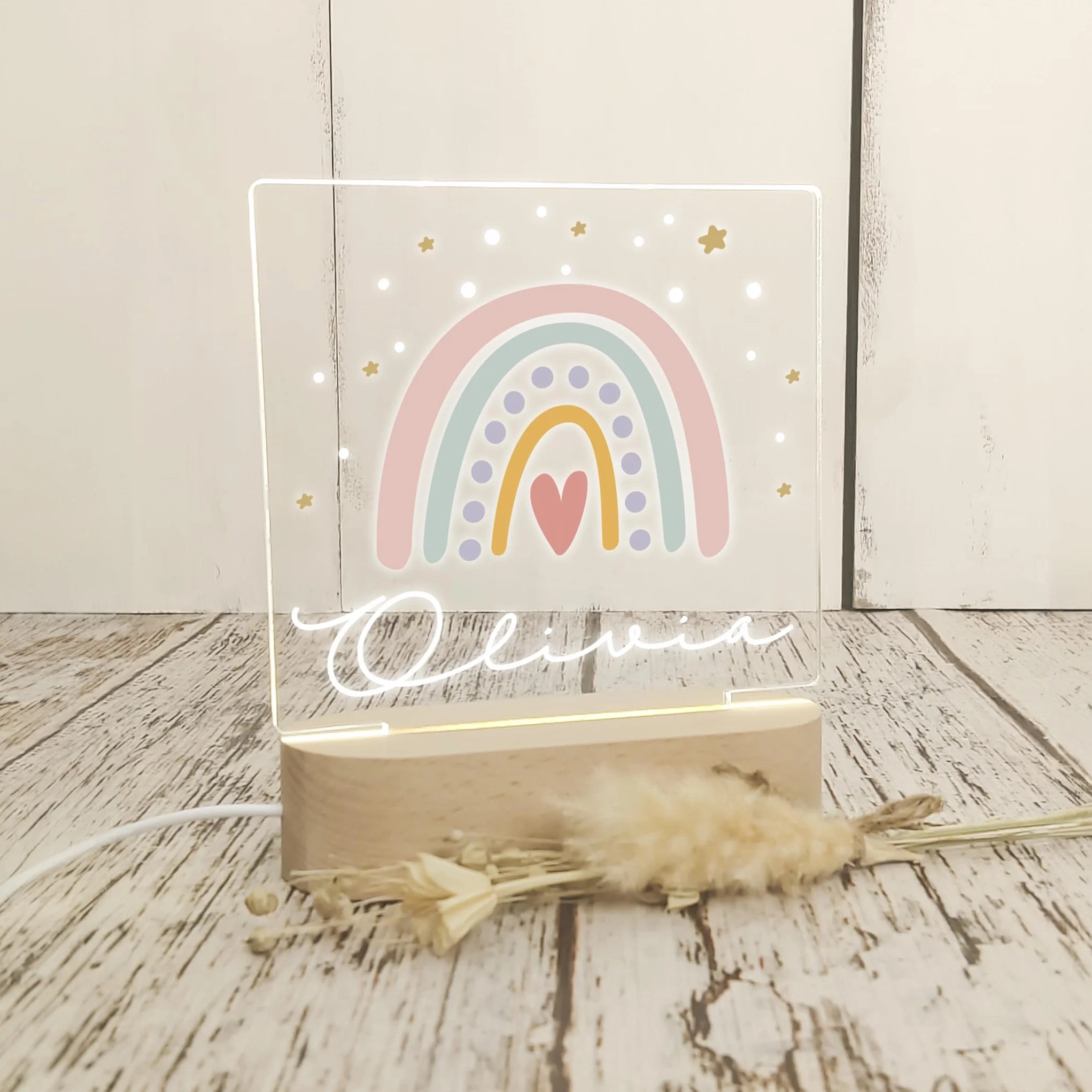 Lampara Quitamiedos Infantil Personalizada con Nombre Bebés Recien Nacidos de Metacrilato Acrilico Madera con Led Luz Nocturna Mesita Noche (Arcoiris)
