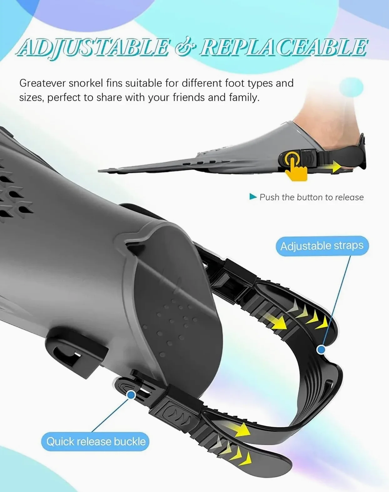 Aletas de Entrenamiento Aletas de Snorkel con Hebillas Ajustables, Aletas natación, Zapatos Buceo Cortos Silicona, tacón Abierto, tamaño Viaje for Adultos para Entrenamiento Acuático